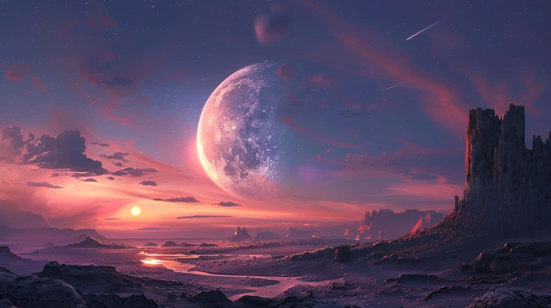 majestic moonrise fantasy landscape, giant glowing moon, surreal alien landscape, Full HD Desktop Wallpaper