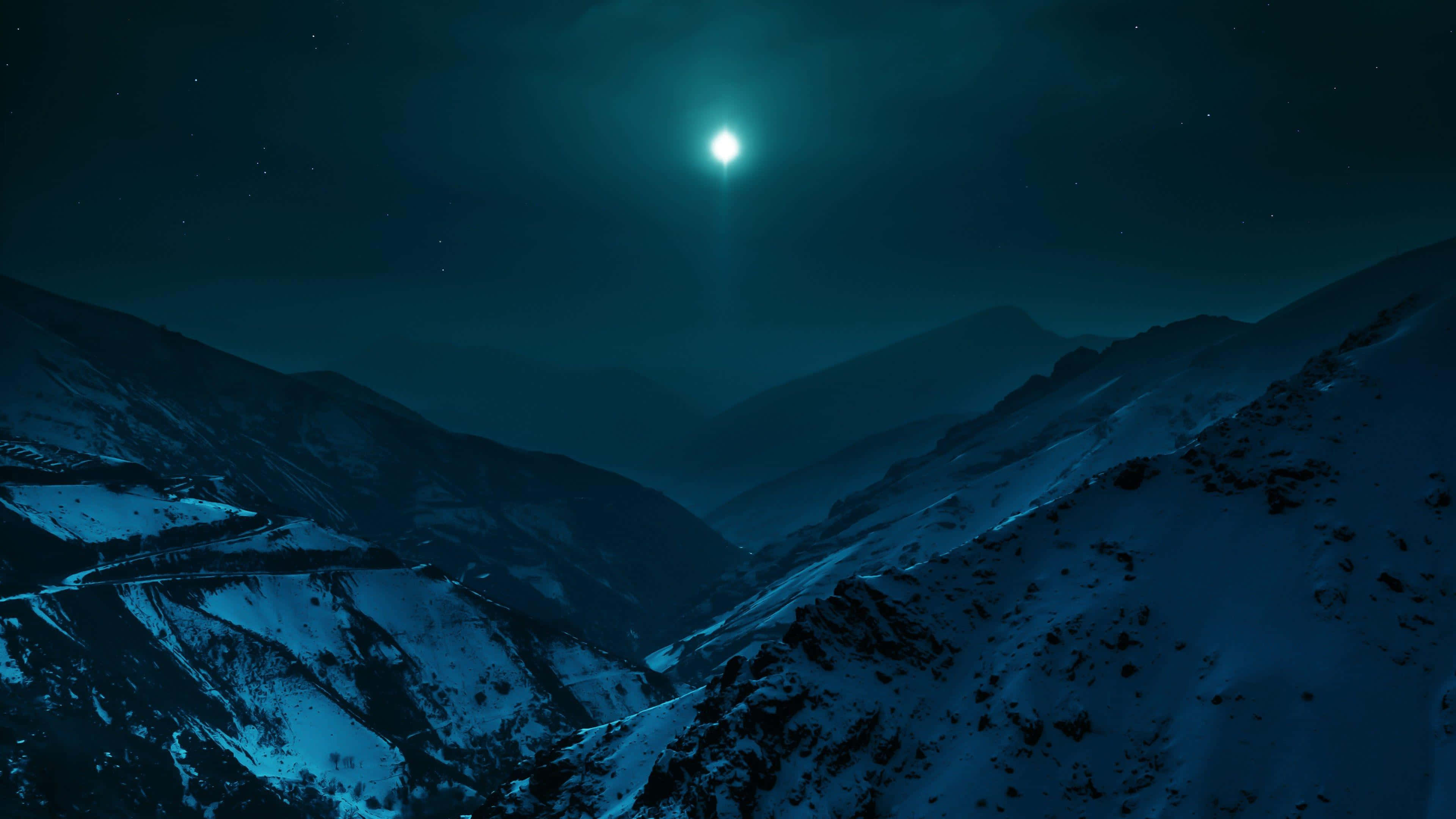 moonlit snowy mountain pass, cool blue glow, snow-covered mountain peaks, 4K Desktop Wallpaper