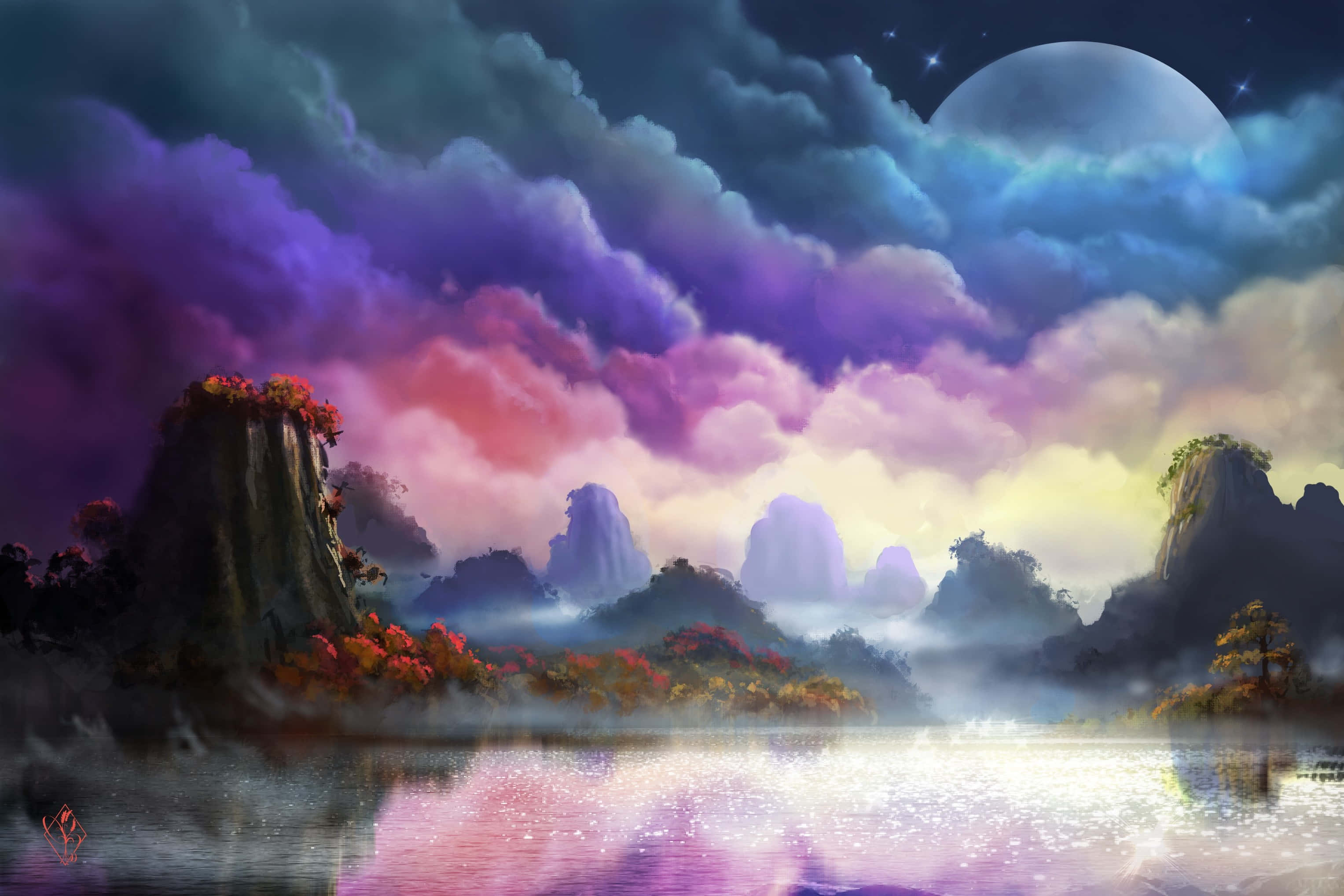 lunar surface, twilight landscape, misty water, 2K Desktop Wallpaper