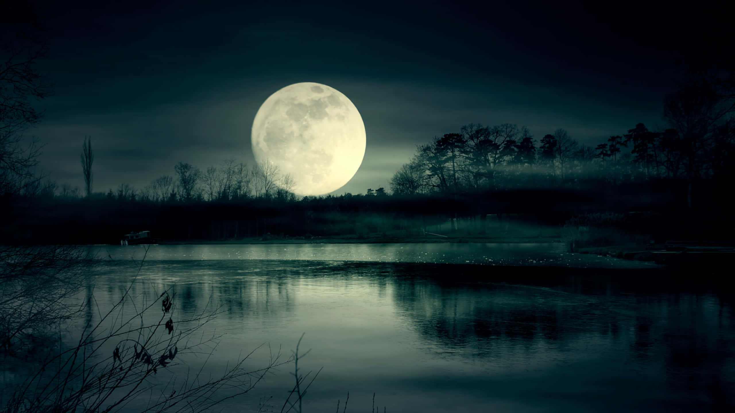 mystical moonrise, full moon, still lake, 2K Desktop Wallpaper