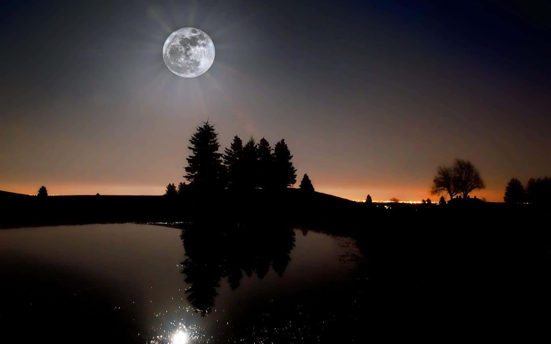 full moon, silent lake, tranquil lake, Full HD Desktop Wallpaper