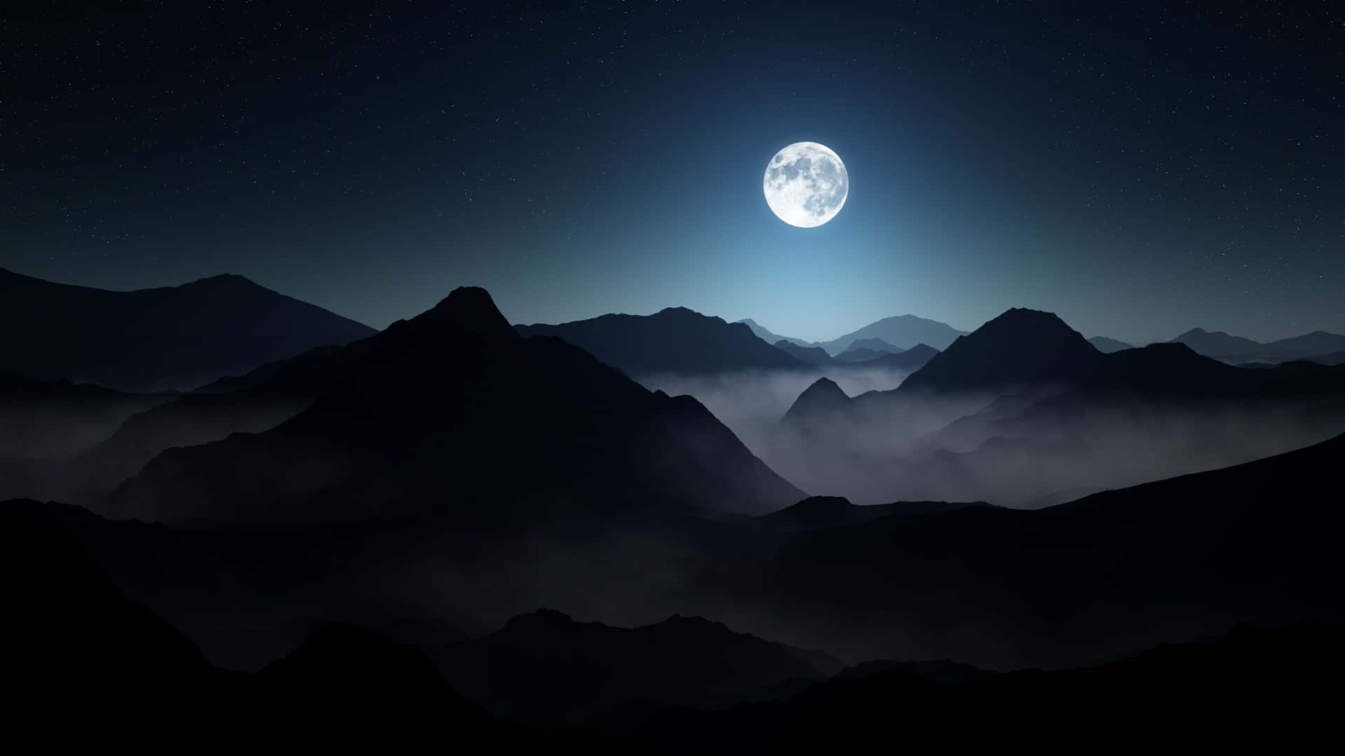Misty Mountain Moon Night, full moon, layered mountain silhouettes, Full HD Desktop Wallpaper