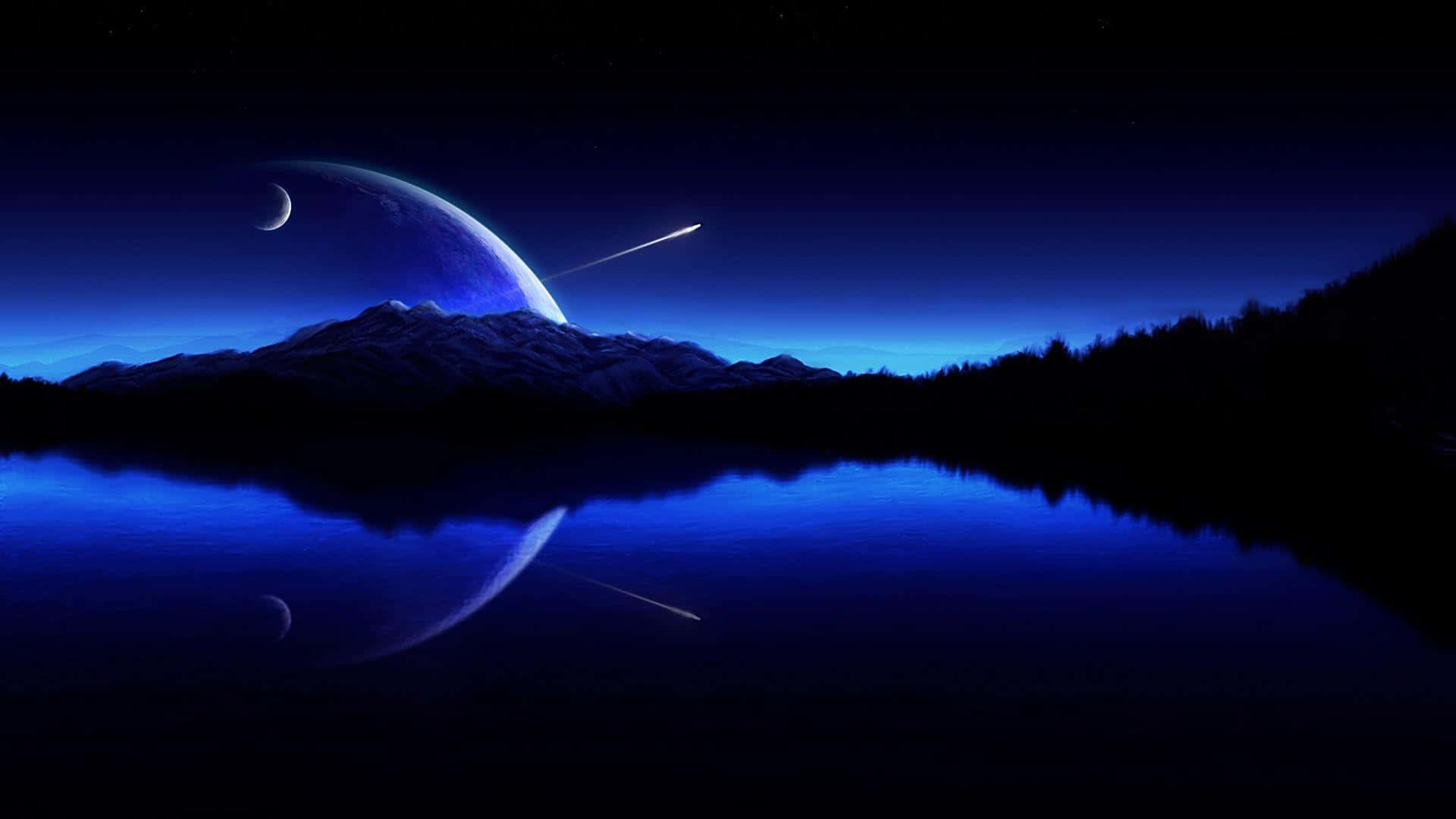 glowing blue planet, crescent moon, alien lake, Full HD Desktop Wallpaper