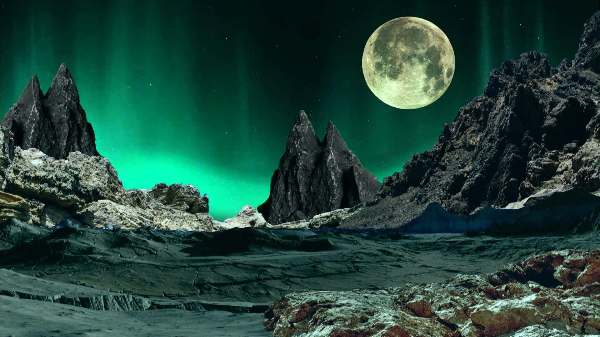 Aurora, green aurora, jagged black mountains, Full HD Desktop Wallpaper