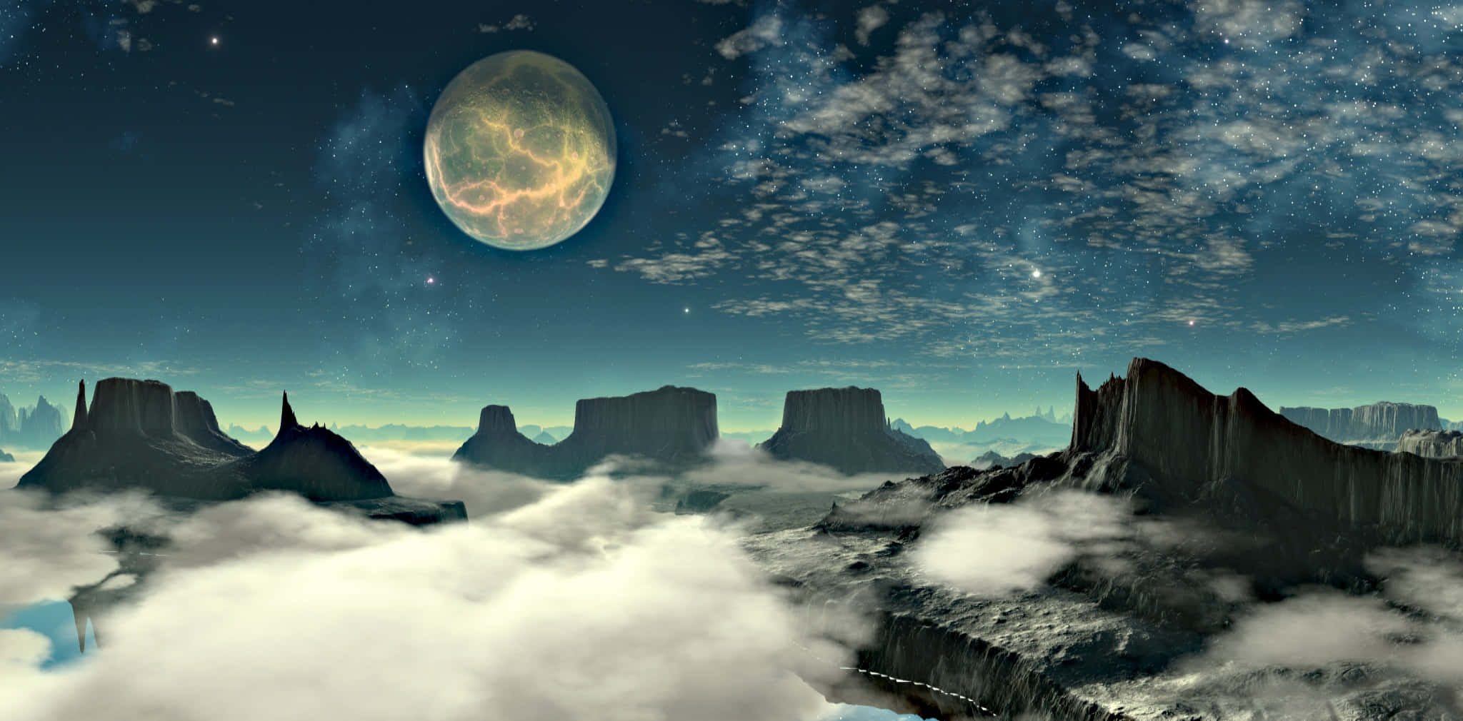 lunar expanse, jagged rock formations, clouds, Full HD Desktop Wallpaper