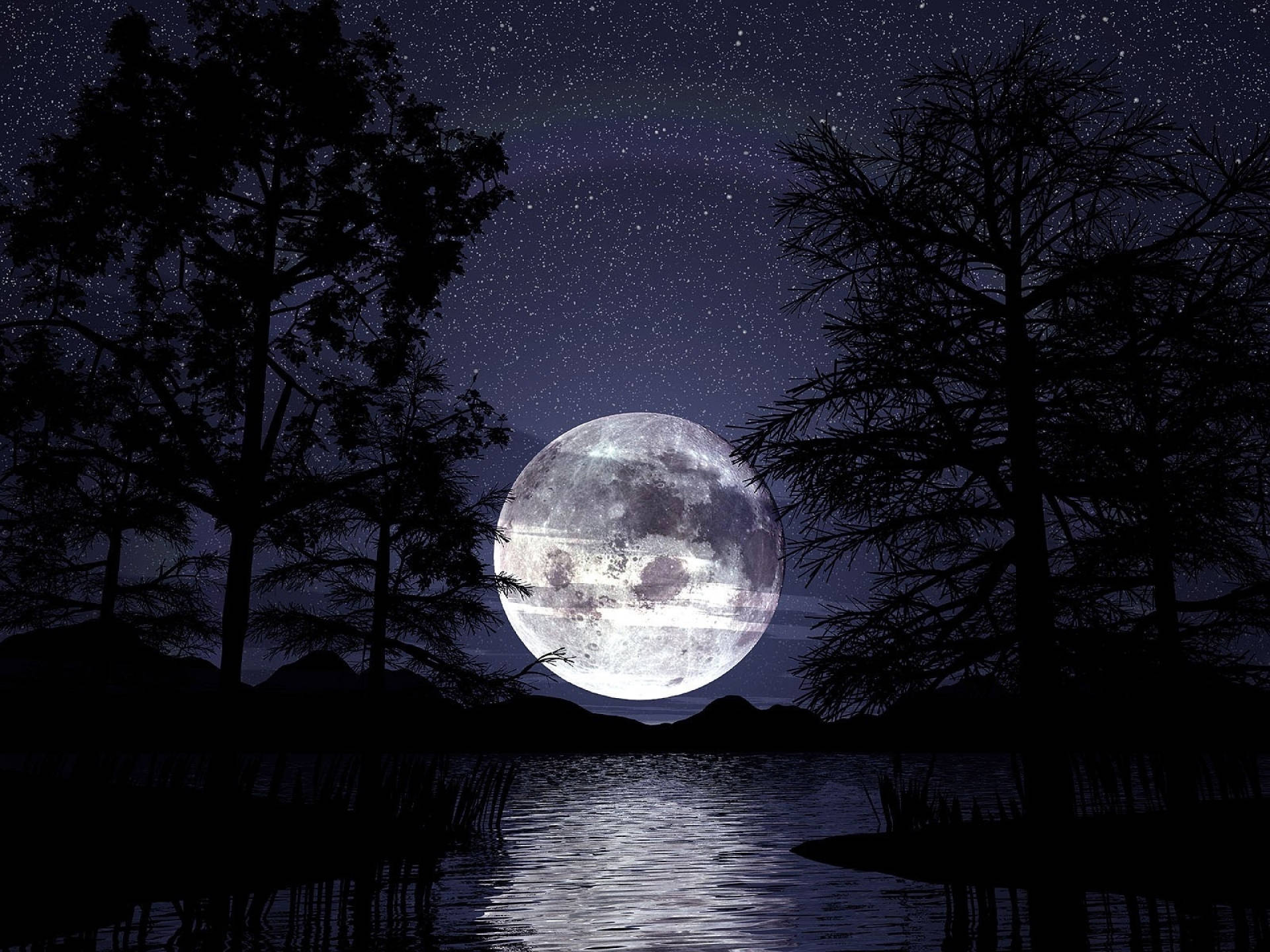 Moon Night Sky, full moon, tranquil lake, Full HD Desktop Wallpaper