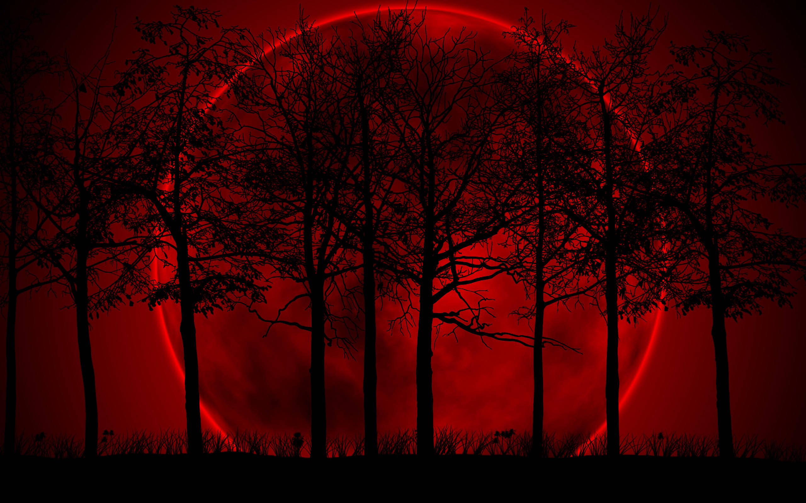 red moon night sky, glowing red eclipsed sun, barren landscape, 2K Desktop Wallpaper