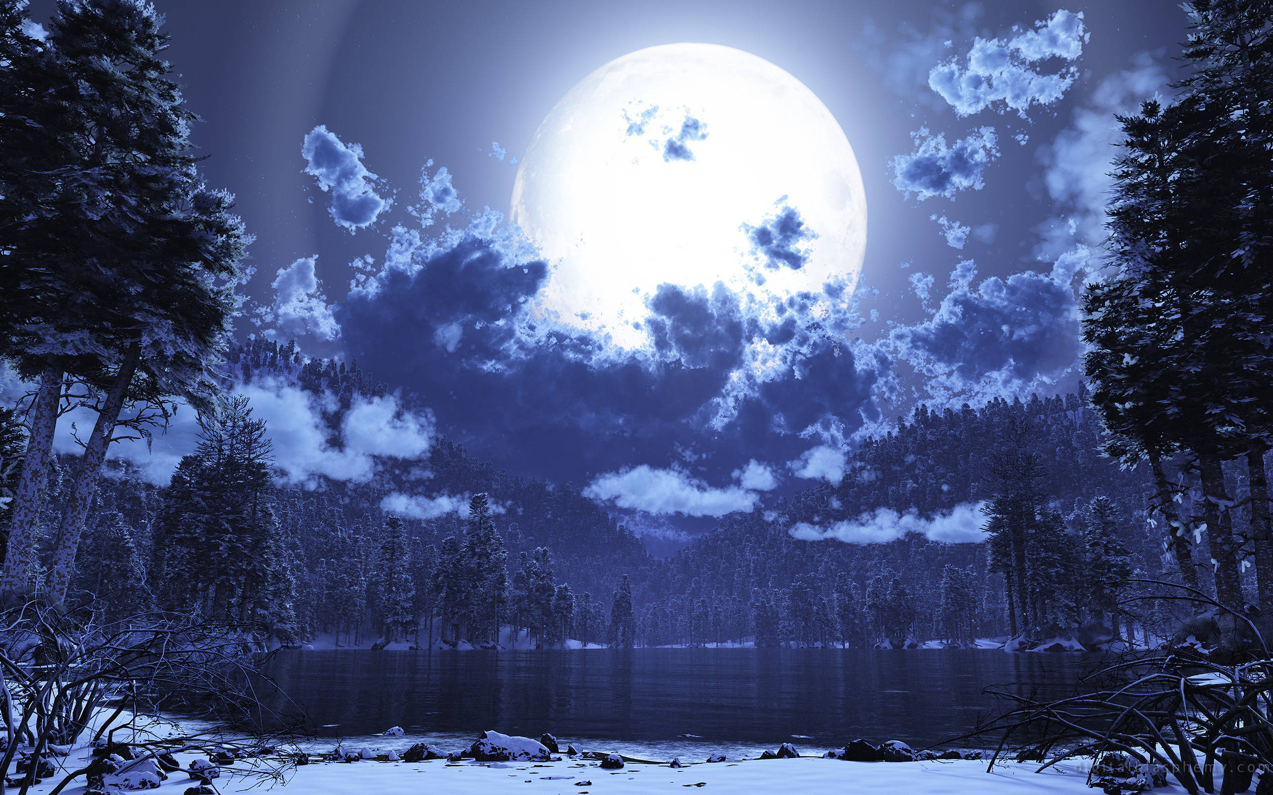 Winter Moon Night Sky, snowy forest lake, massive glowing moon, 2K Desktop Wallpaper