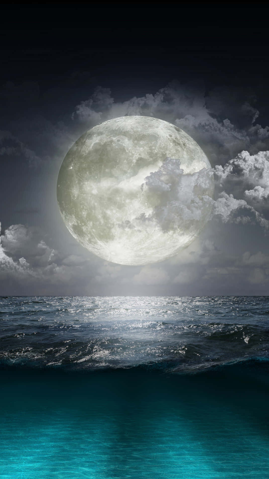 The Moon With Ocean Waves iPhone, luminous moon, turbulent ocean, Full HD Phone Wallpaper