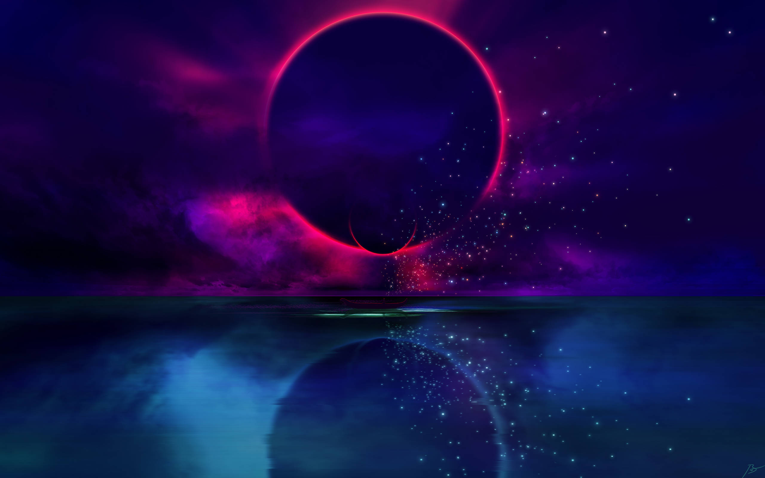 eclipse moon night sky, glowing red ring, starry purple sky, 2K Desktop Wallpaper