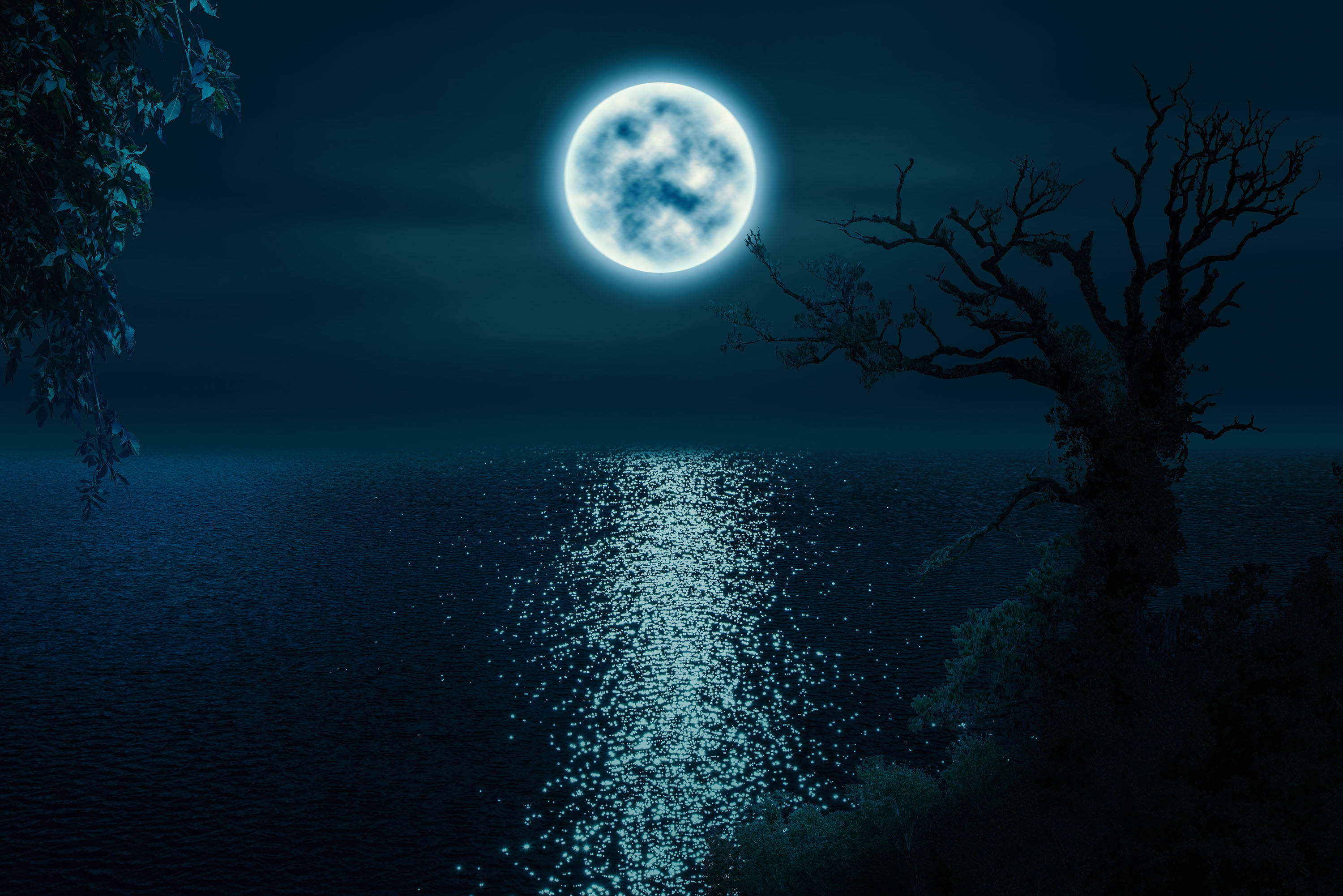 starless moon night sky, full moon, shimmering path, 2K Desktop Wallpaper