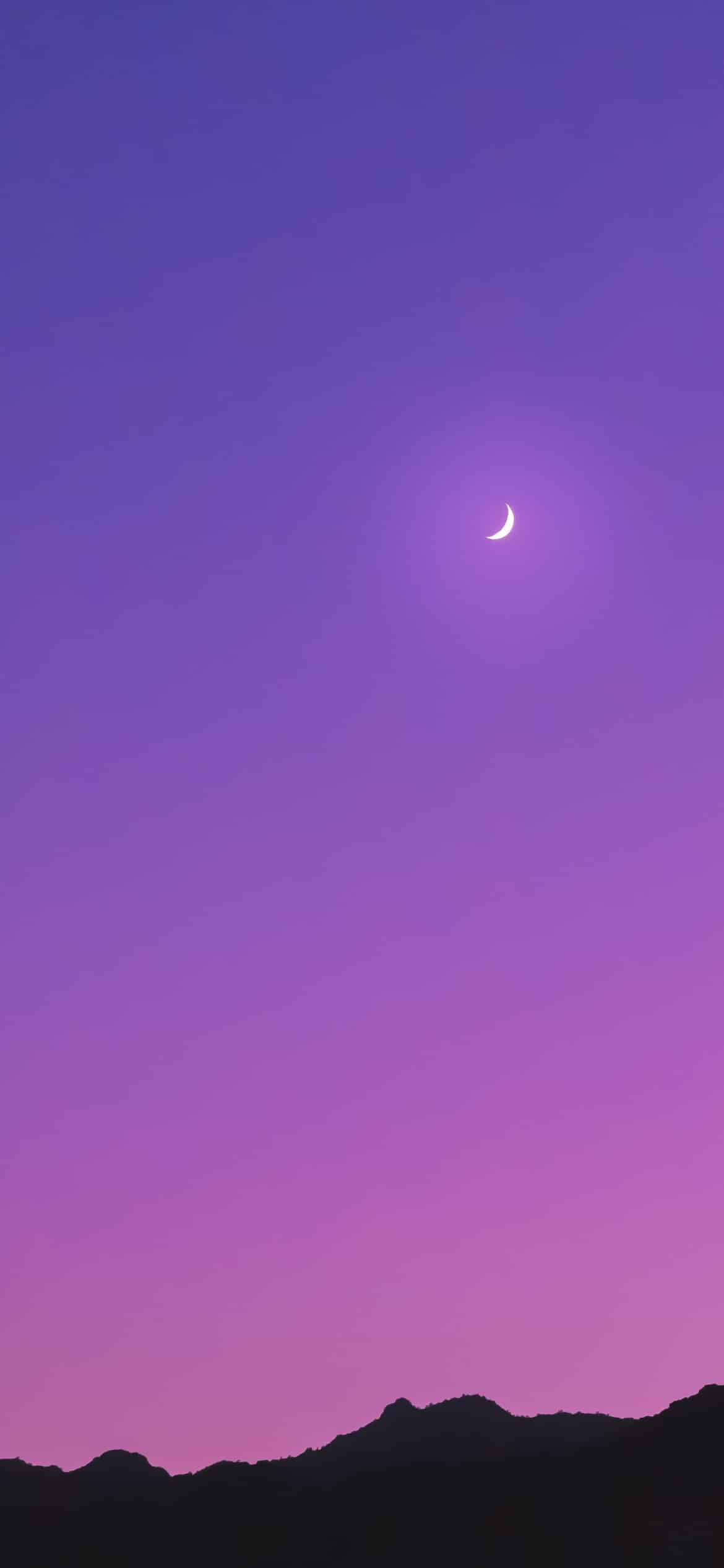 waxing crescent moon, purple twilight sky, dark mountain silhouettes, Full HD Phone Wallpaper