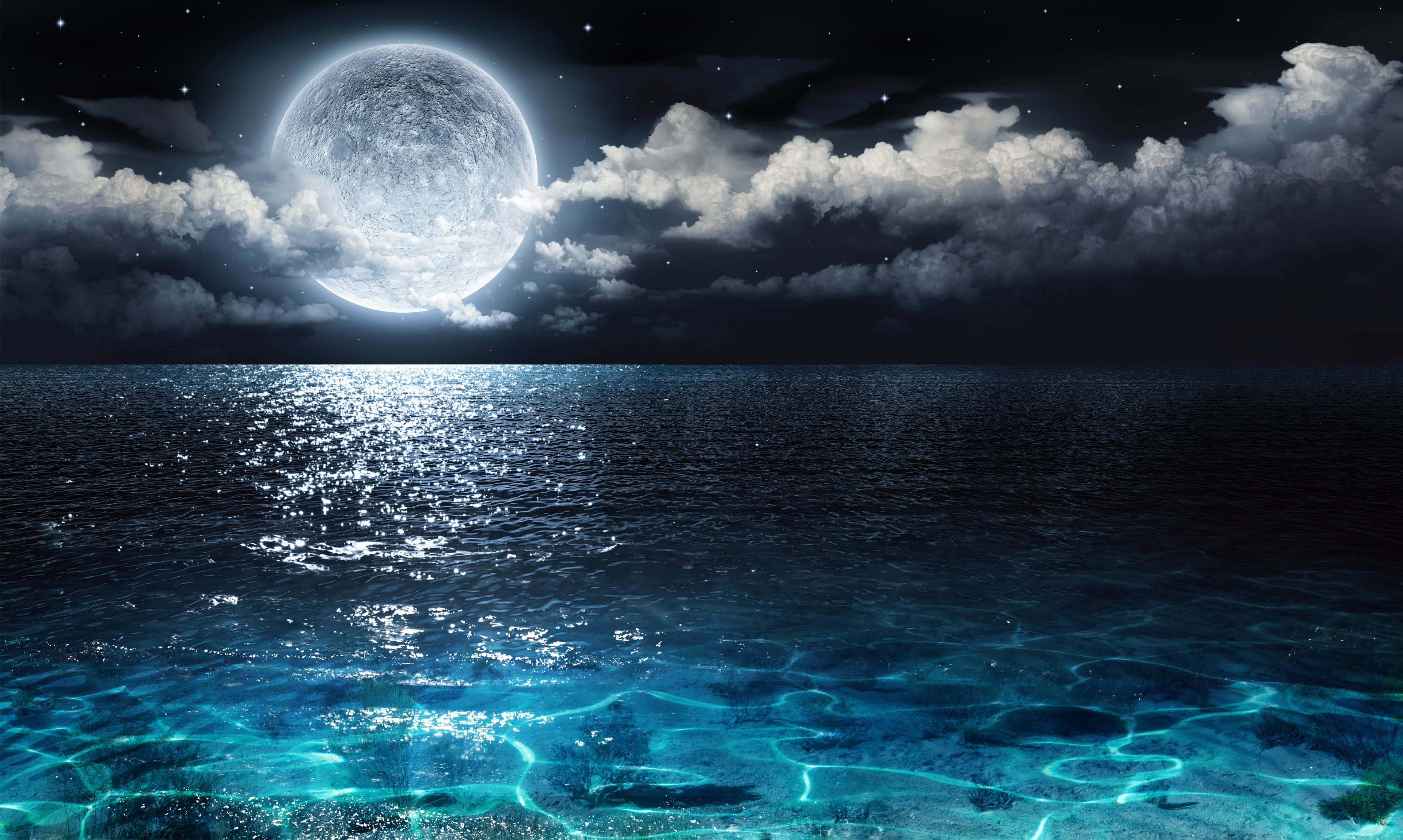Moon Night, full moon, calm ocean, 4K Desktop Wallpaper
