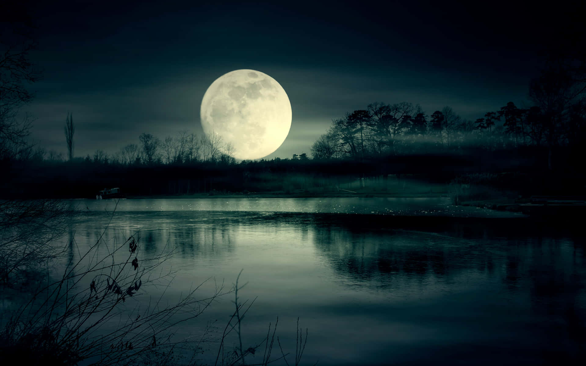 Moon Night, full moon, misty lake, Full HD Desktop Wallpaper