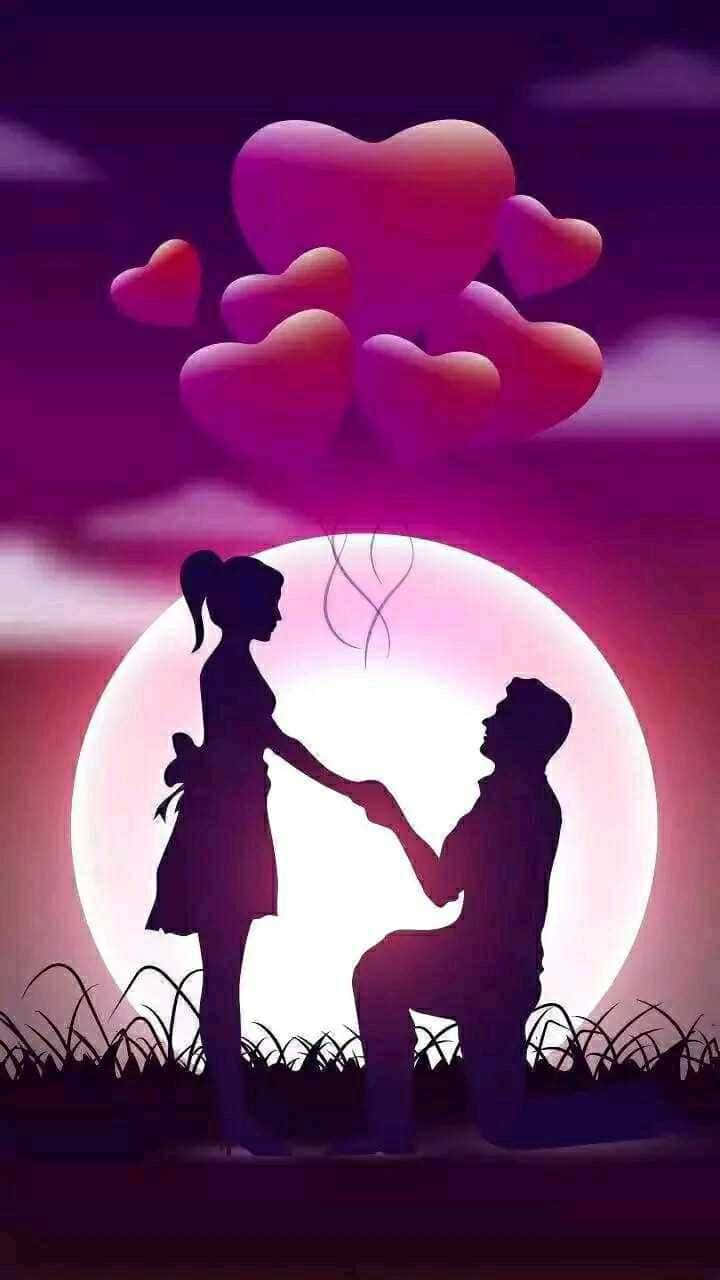 glowing moon, floating pink hearts, silhouette of a man, HD Phone Wallpaper