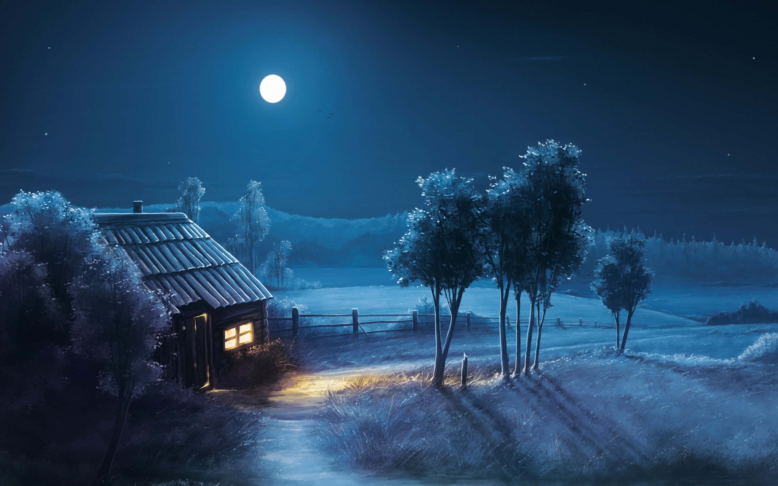Moon Night, full moon, frosty winter night, 2K Desktop Wallpaper