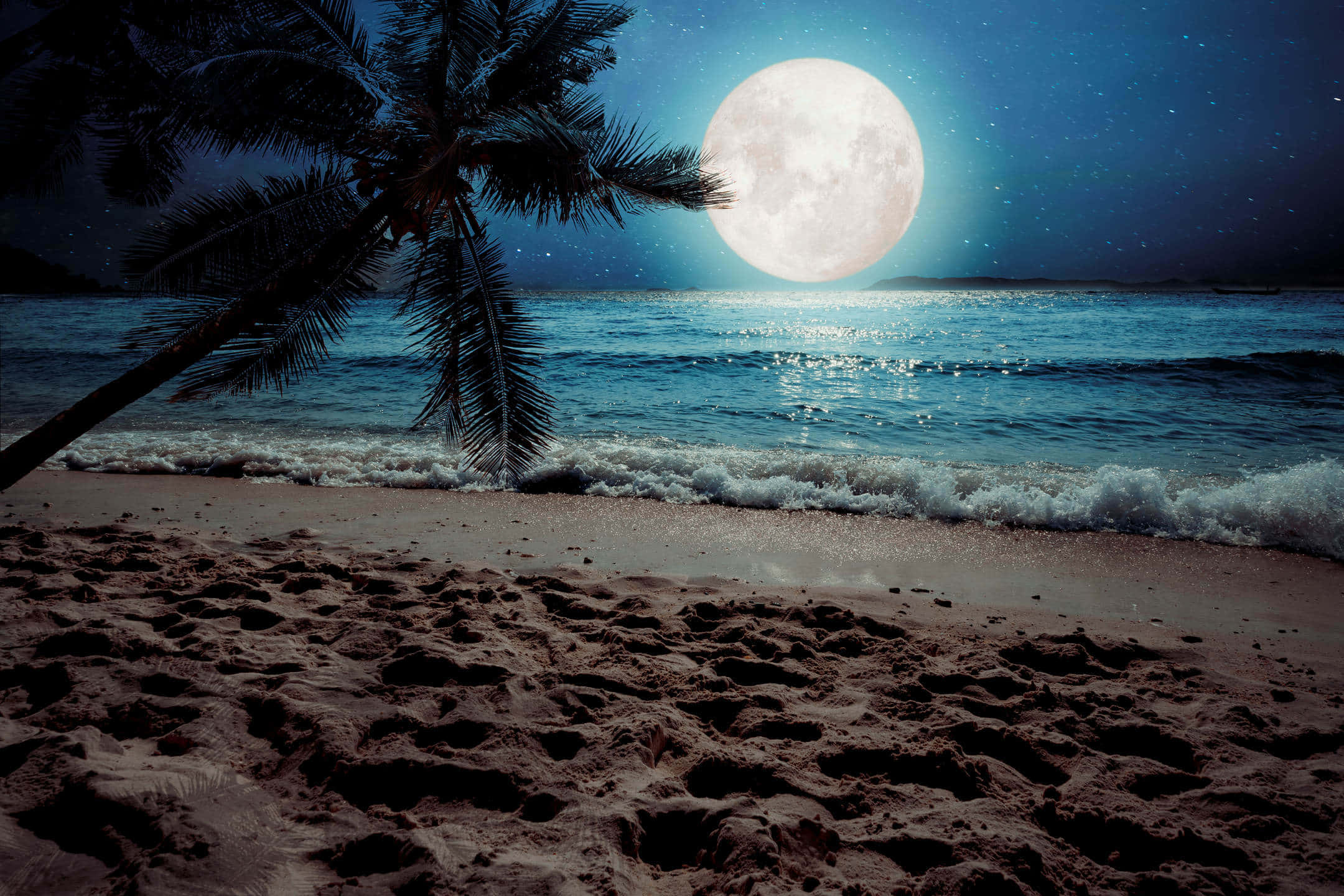 Moon Night, full moon, sandy beach, Full HD Desktop Wallpaper