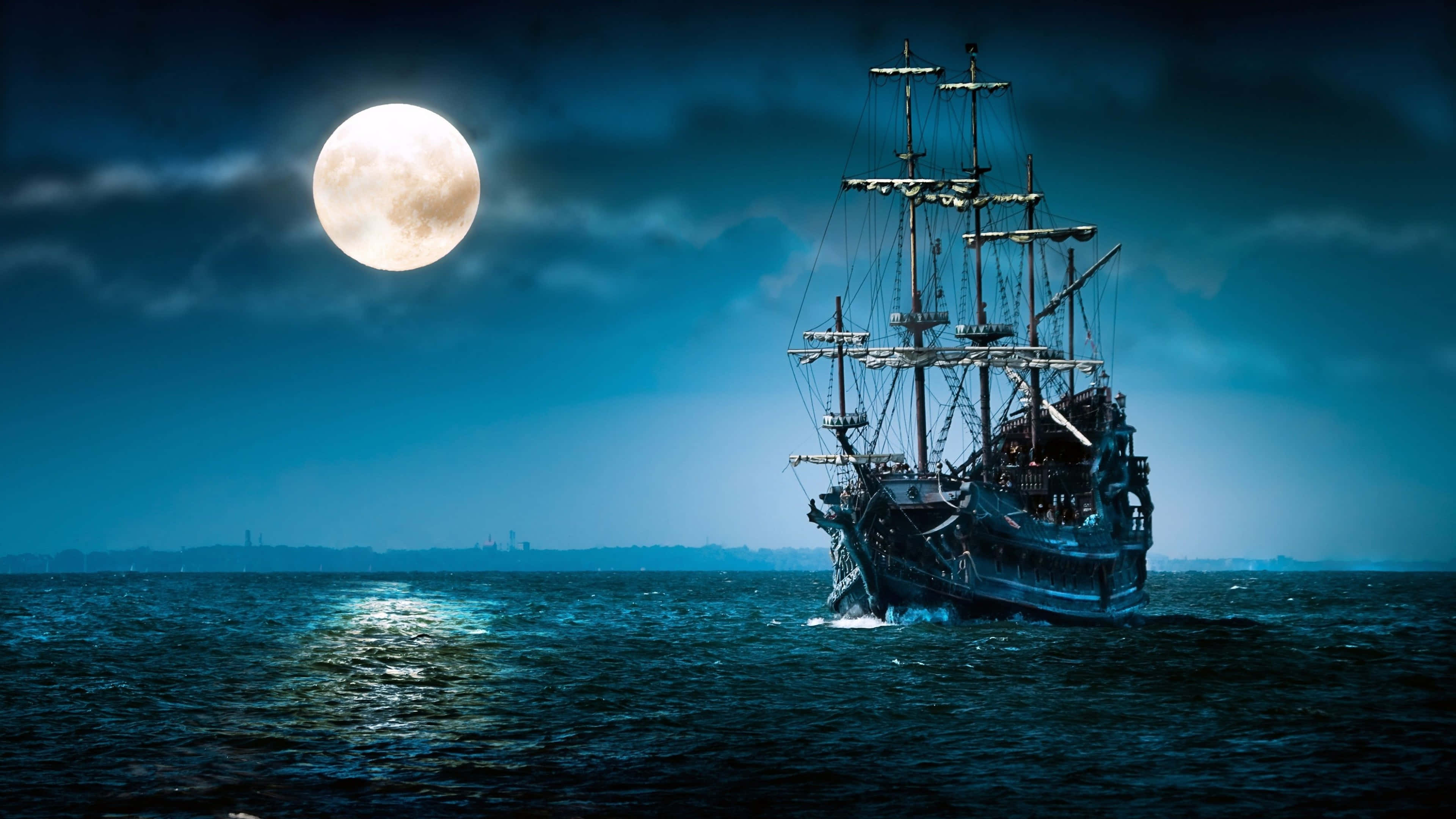 Moon Night, full moon, dark blue ocean, 4K Desktop Wallpaper