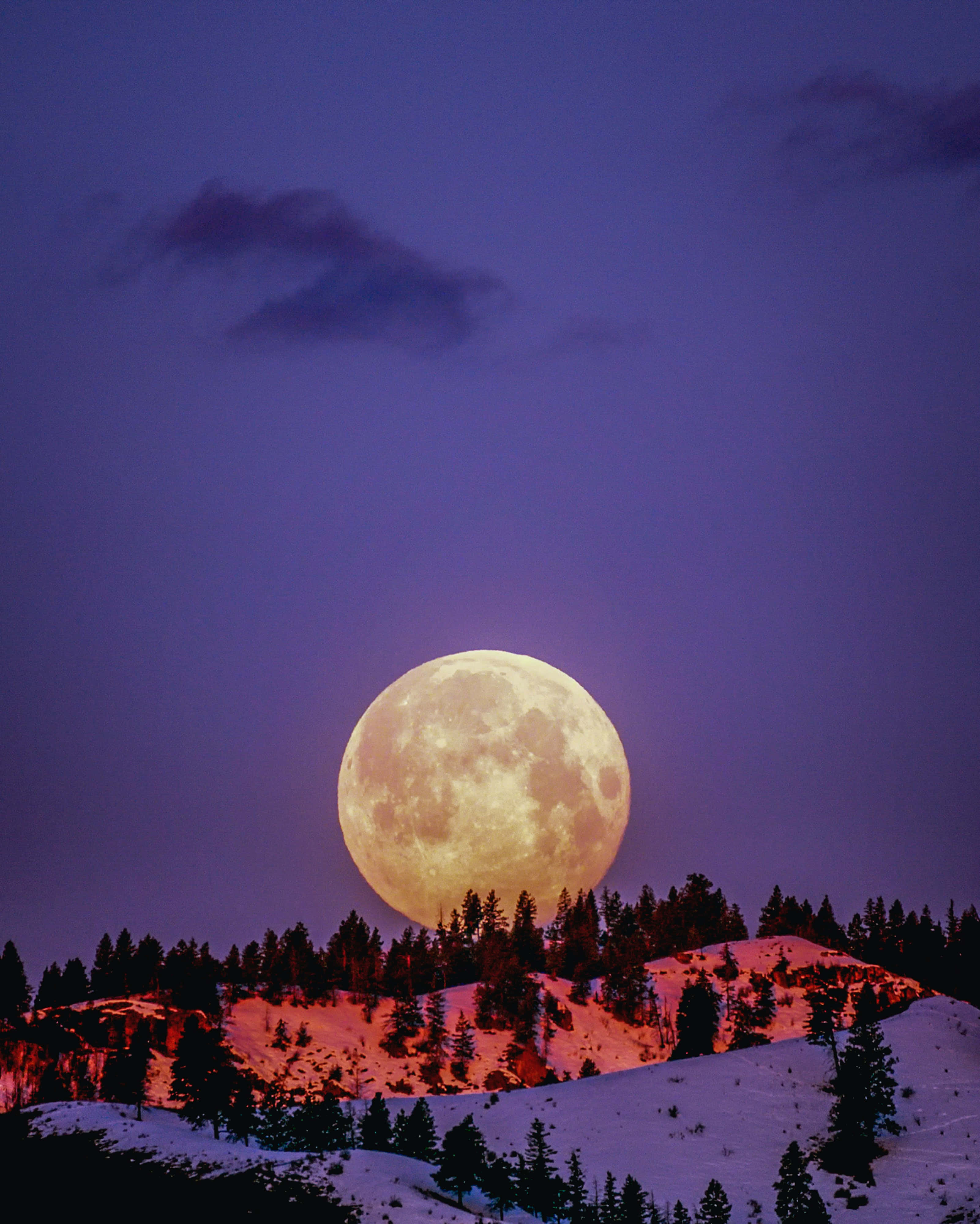 Moon Night, full moon, snow-covered mountain ridge, 4K Phone Wallpaper