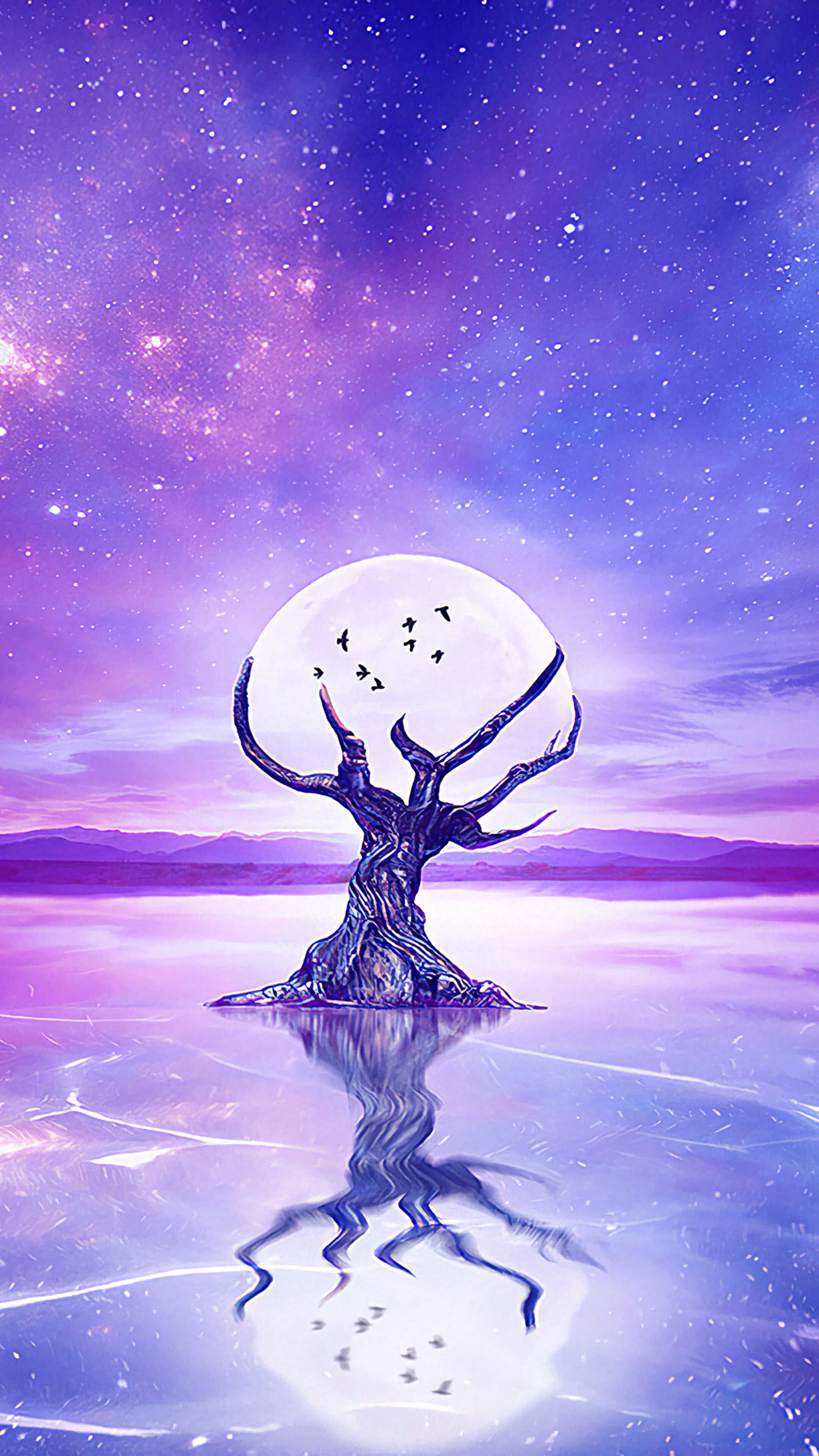 spooky tree, glowing moon, reflective purple lake, 4K Phone Wallpaper