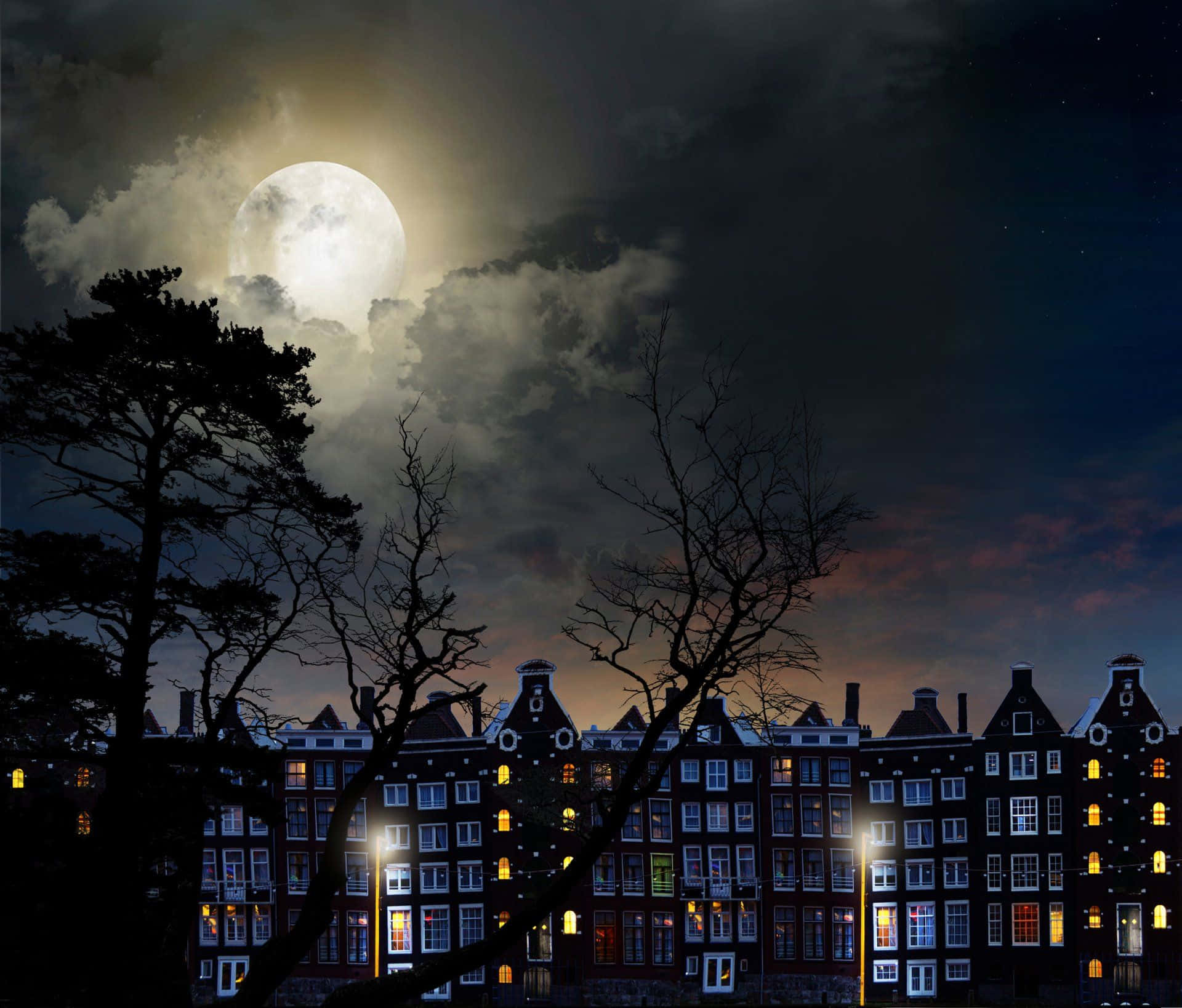 full moon, cloudy evening, historic Dutch canal houses, Full HD Desktop Wallpaper