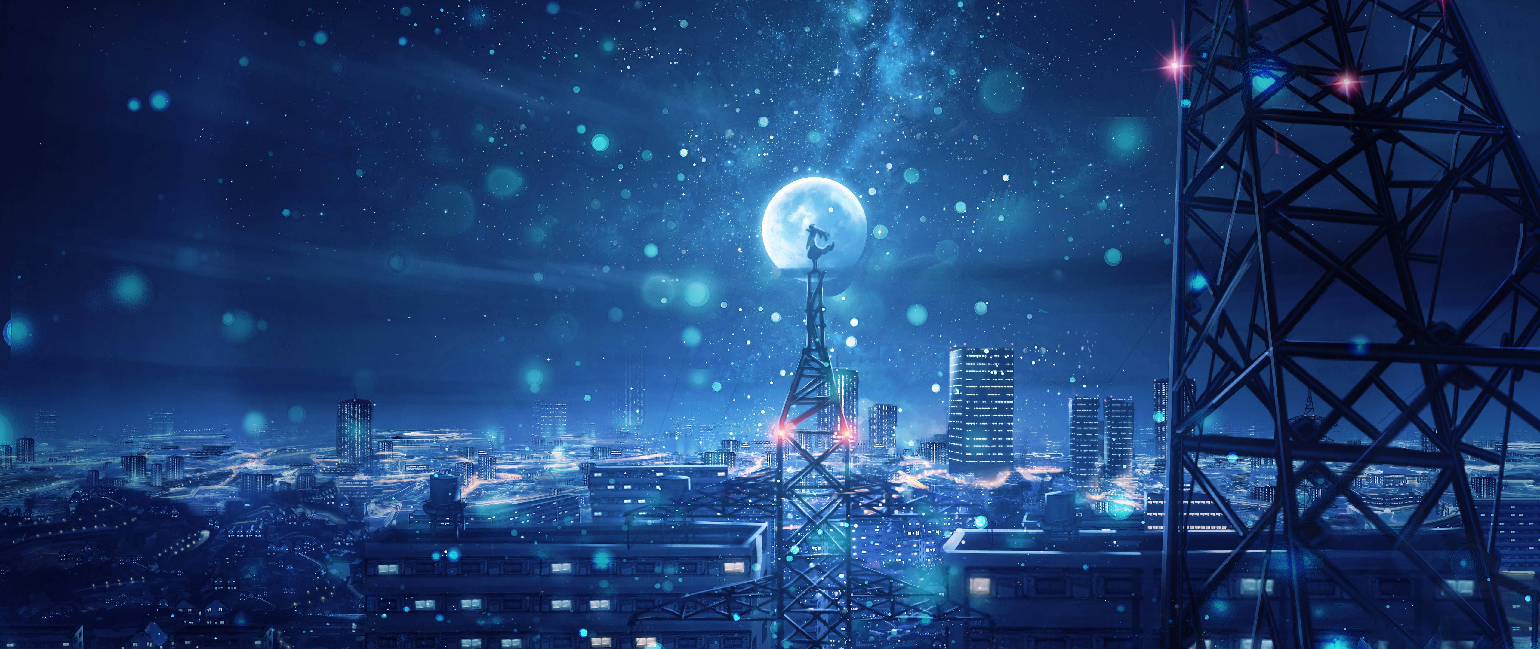 Night Sky Moon Anime 4K, glowing moon, futuristic cityscape, 5K Desktop Wallpaper