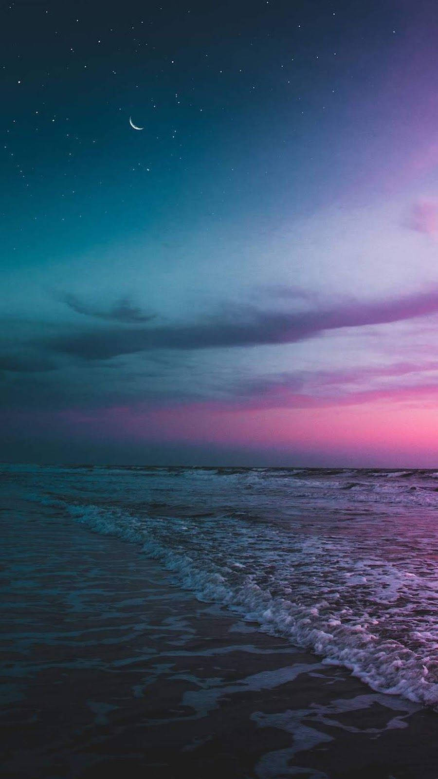 Twilight Moon Beach Night, crescent moon, starry sky, HD Phone Wallpaper