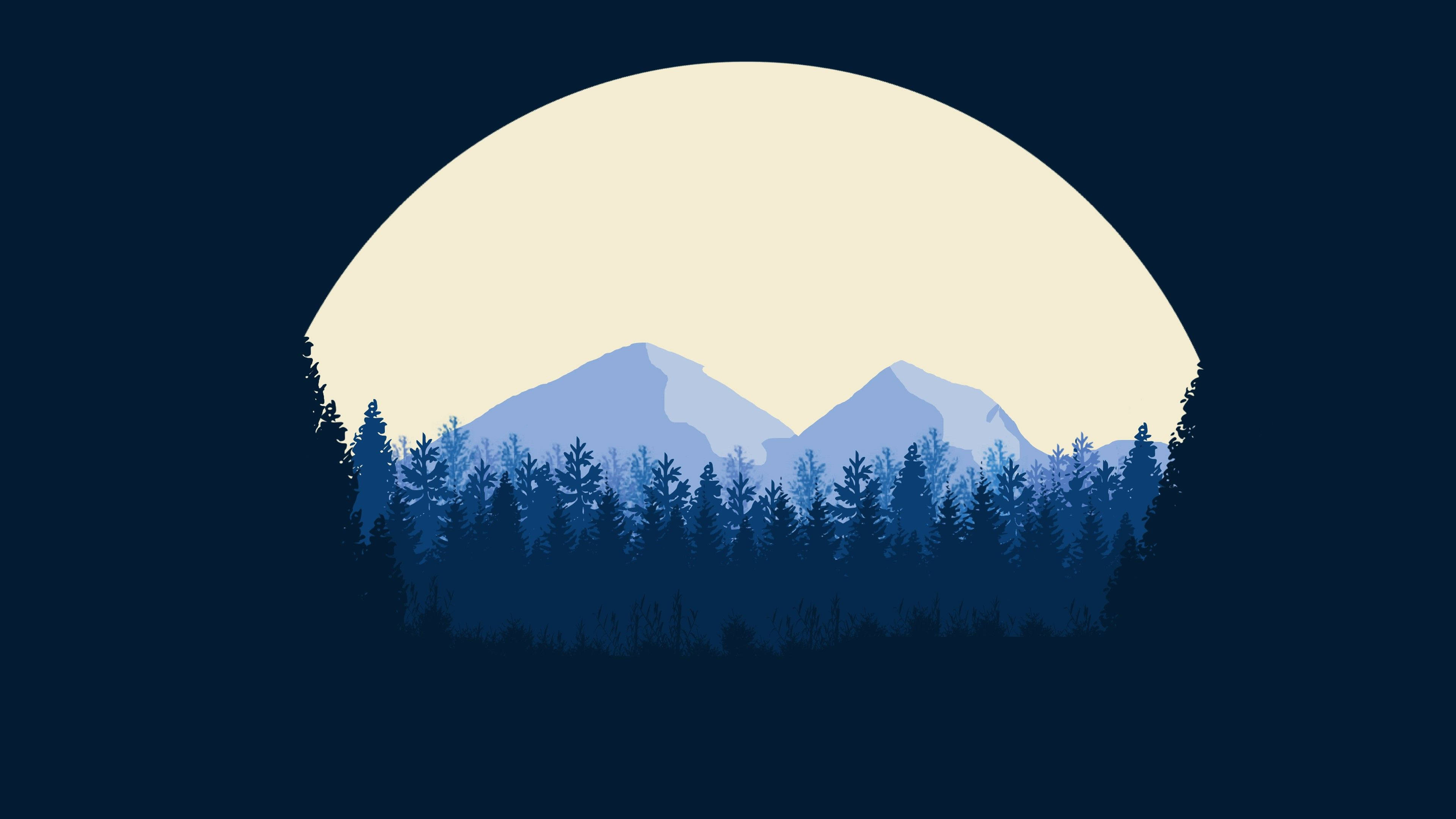 full moon, deep blue night, silhouetted pine forest, 4K Desktop Wallpaper