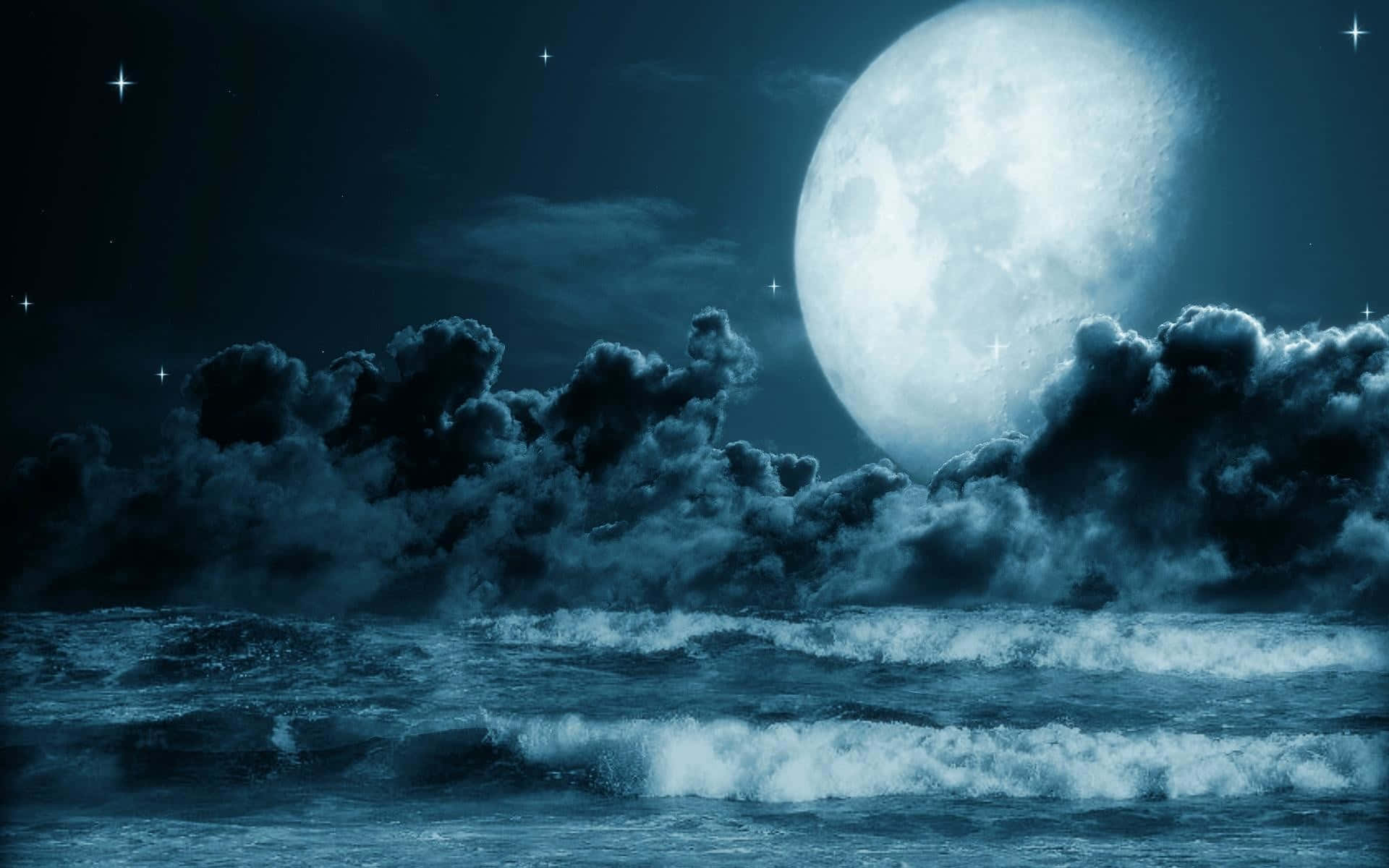 Moon Night, moonlit night sky, turbulent ocean waves, Full HD Desktop Wallpaper