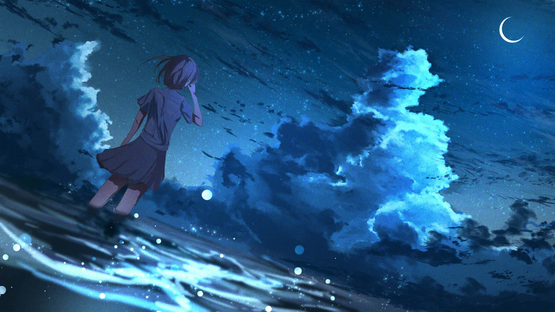 anime girl, purple dress, glowing blue wave, Full HD Desktop Wallpaper