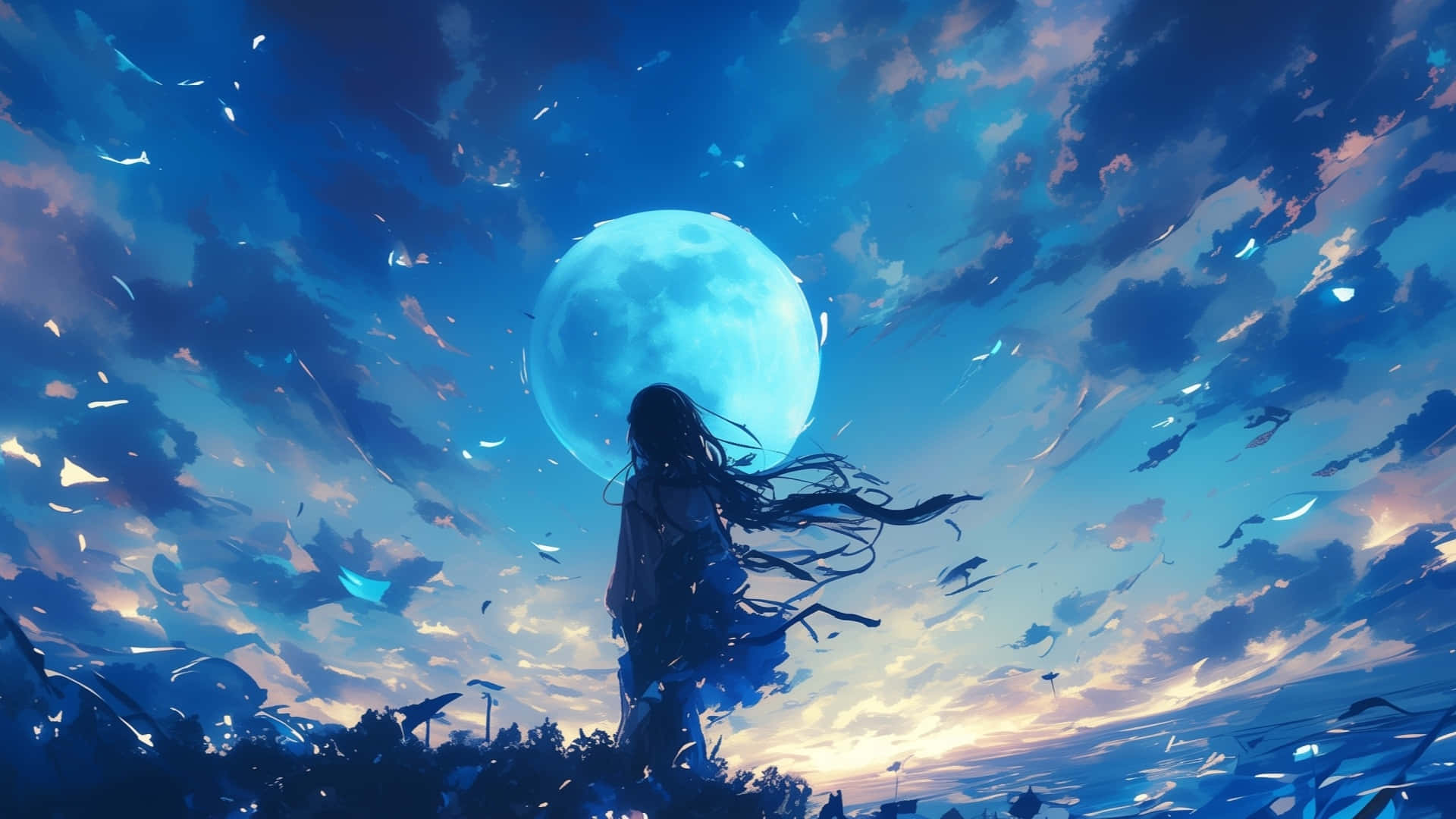 glowing blue moon, vibrant twilight sky, flowing hair, Full HD Desktop Wallpaper