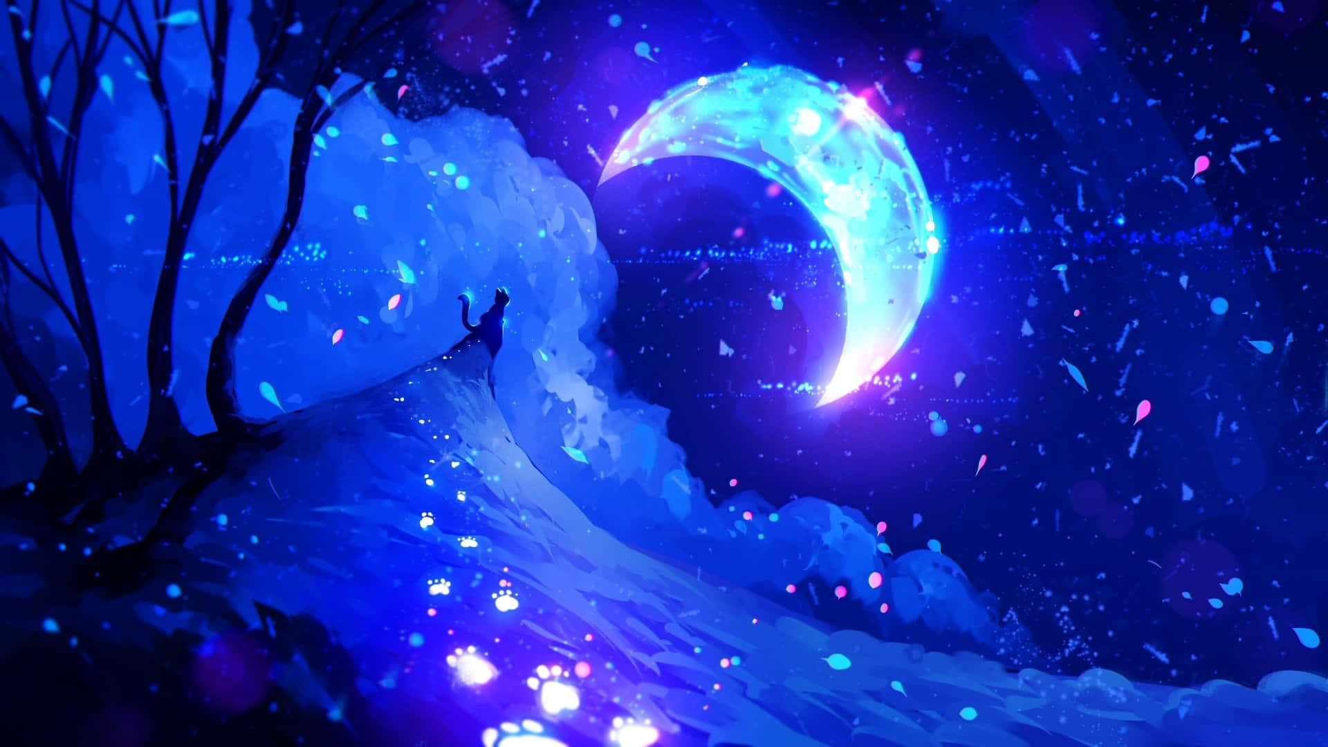 crescent moon, glowing wave, dreamlike blue and purple digital landscape, Full HD Desktop Wallpaper