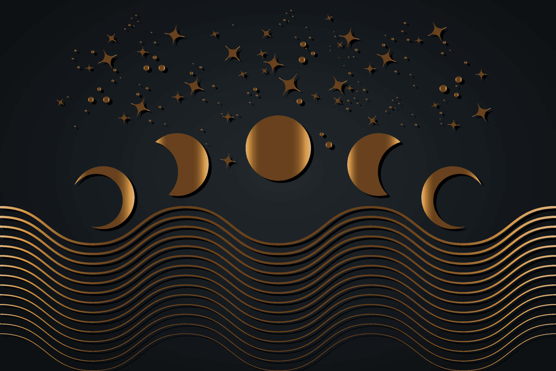 golden crescent moons, full moon, wavy lines, Full HD Desktop Wallpaper