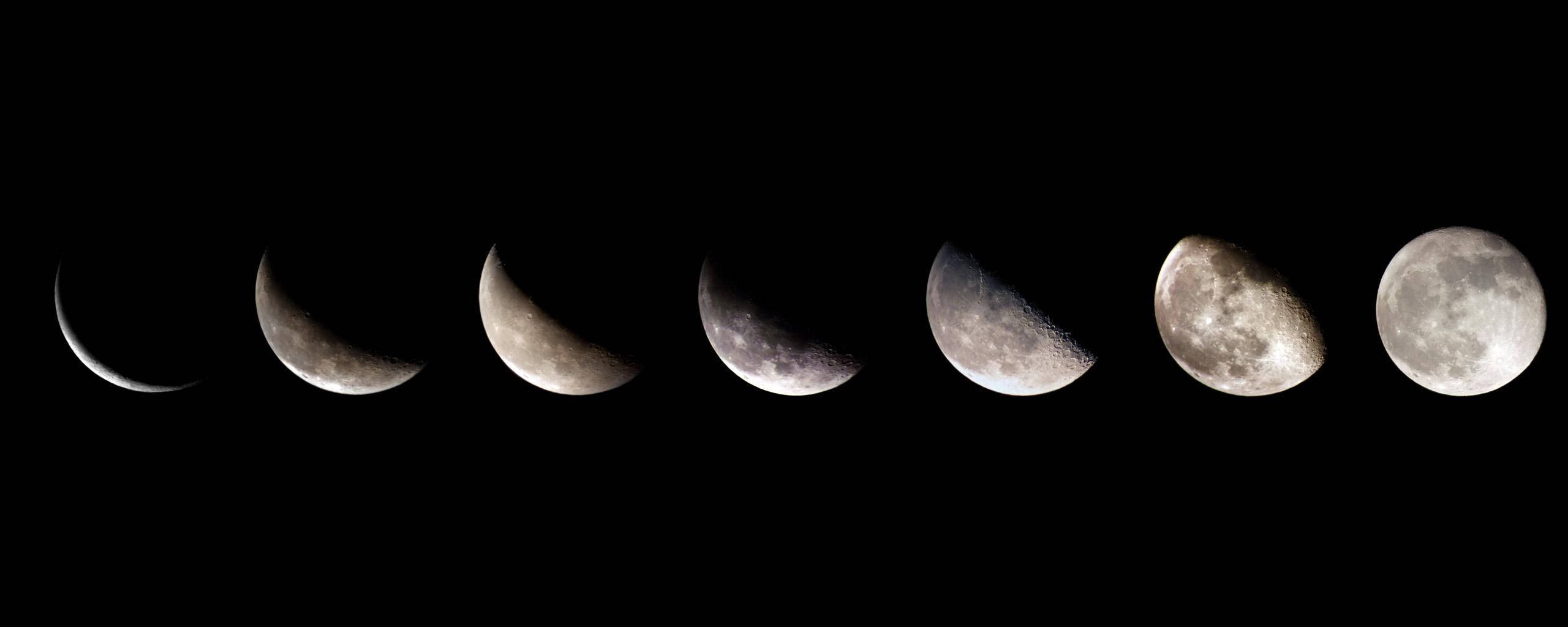 seven moon phases, crescent to full moon, black sky, 2K Desktop Wallpaper