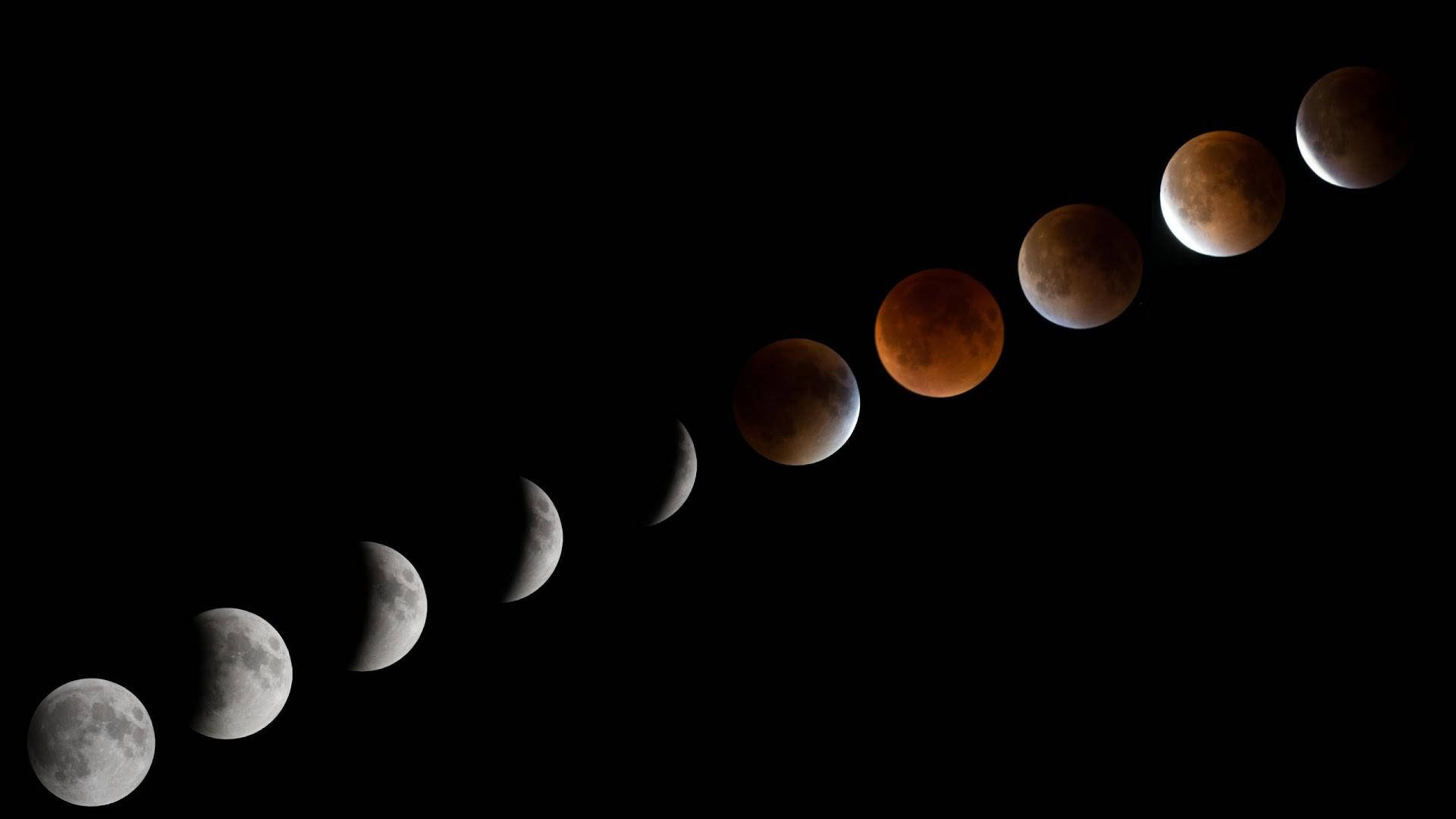 10 Moon Phases, total lunar eclipse, black sky, Full HD Desktop Wallpaper