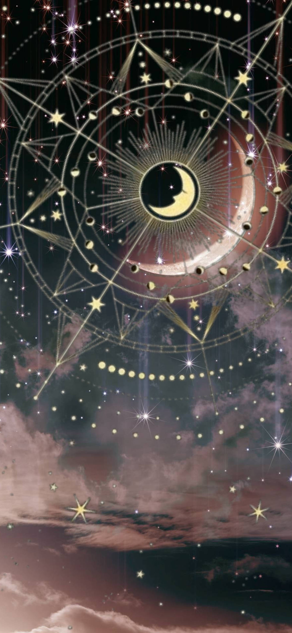 spiritual aesthetic circle moon phase, crescent moon, stars, Full HD Phone Wallpaper