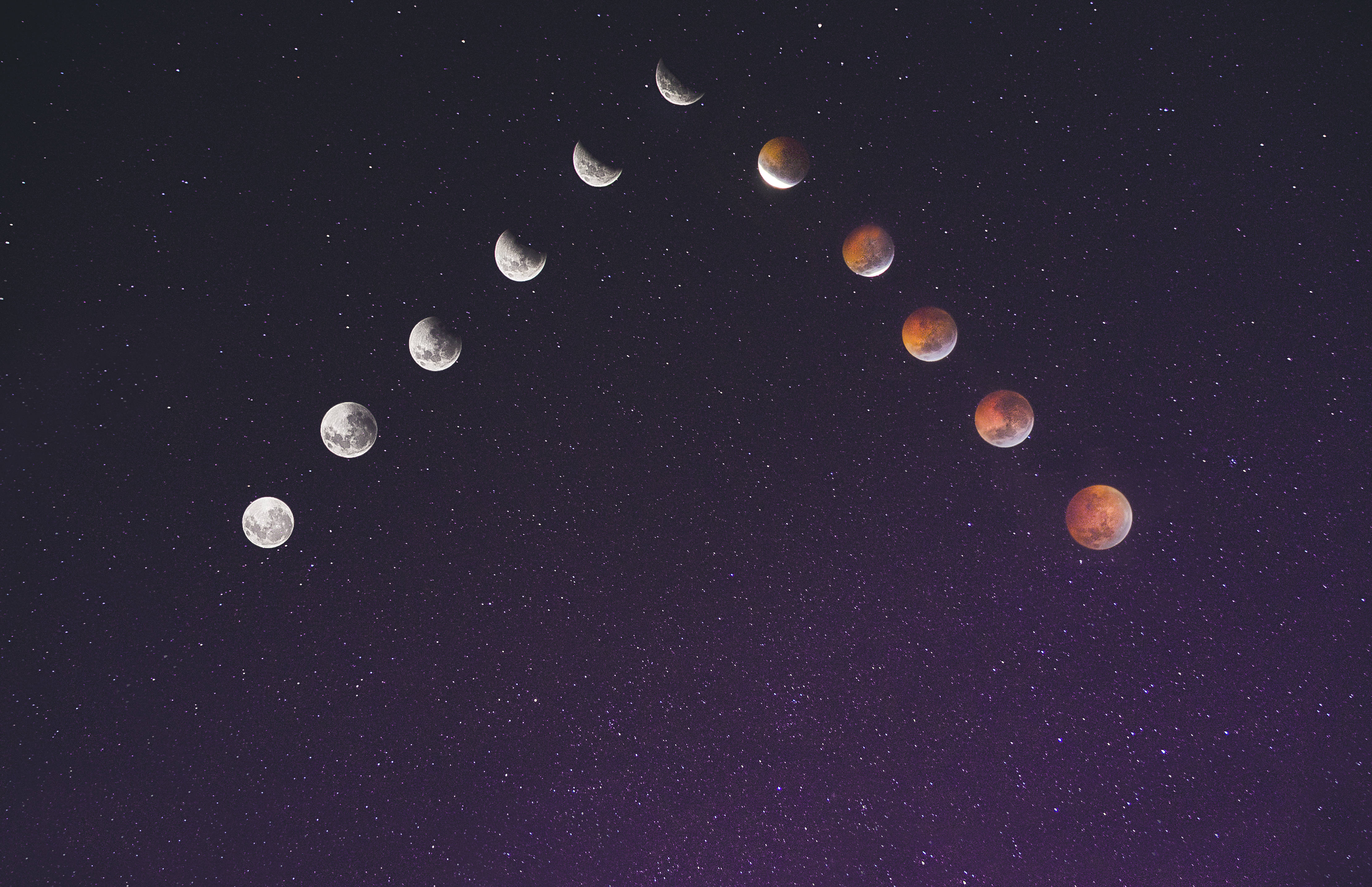 HD Moon Lunar Phases, crescent to blood moon, starry purple night sky, 4K Desktop Wallpaper