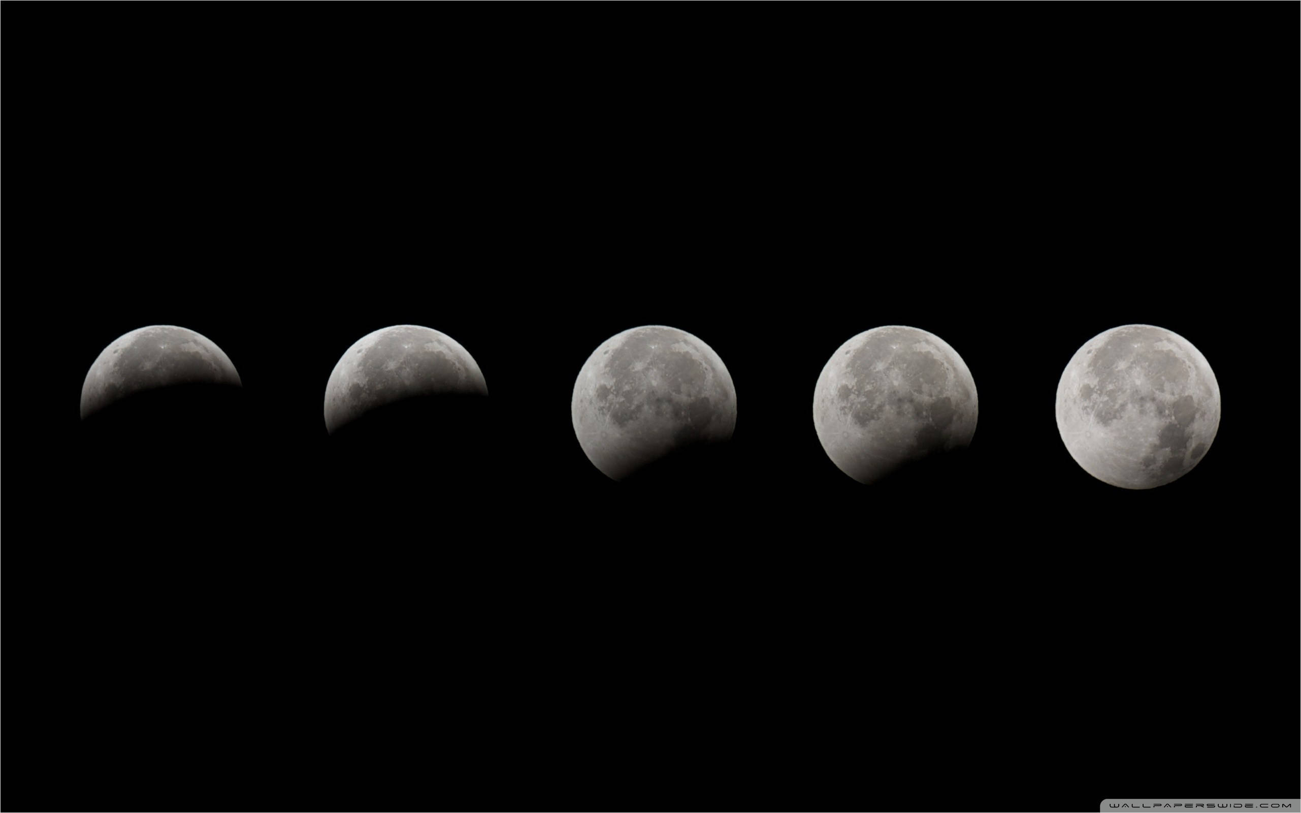 Five Moon Phases To Full Moon, lunar eclipse, partial to full shadow, 2K Desktop Wallpaper