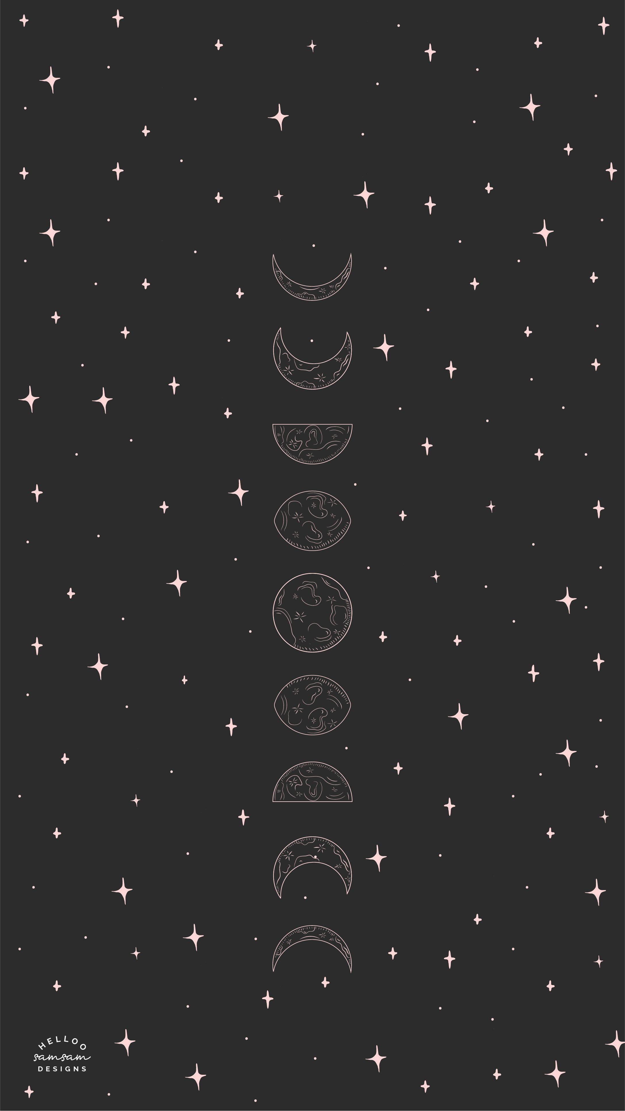 vertical sequence of moon phases, white line art, dark charcoal background, 4K Phone Wallpaper