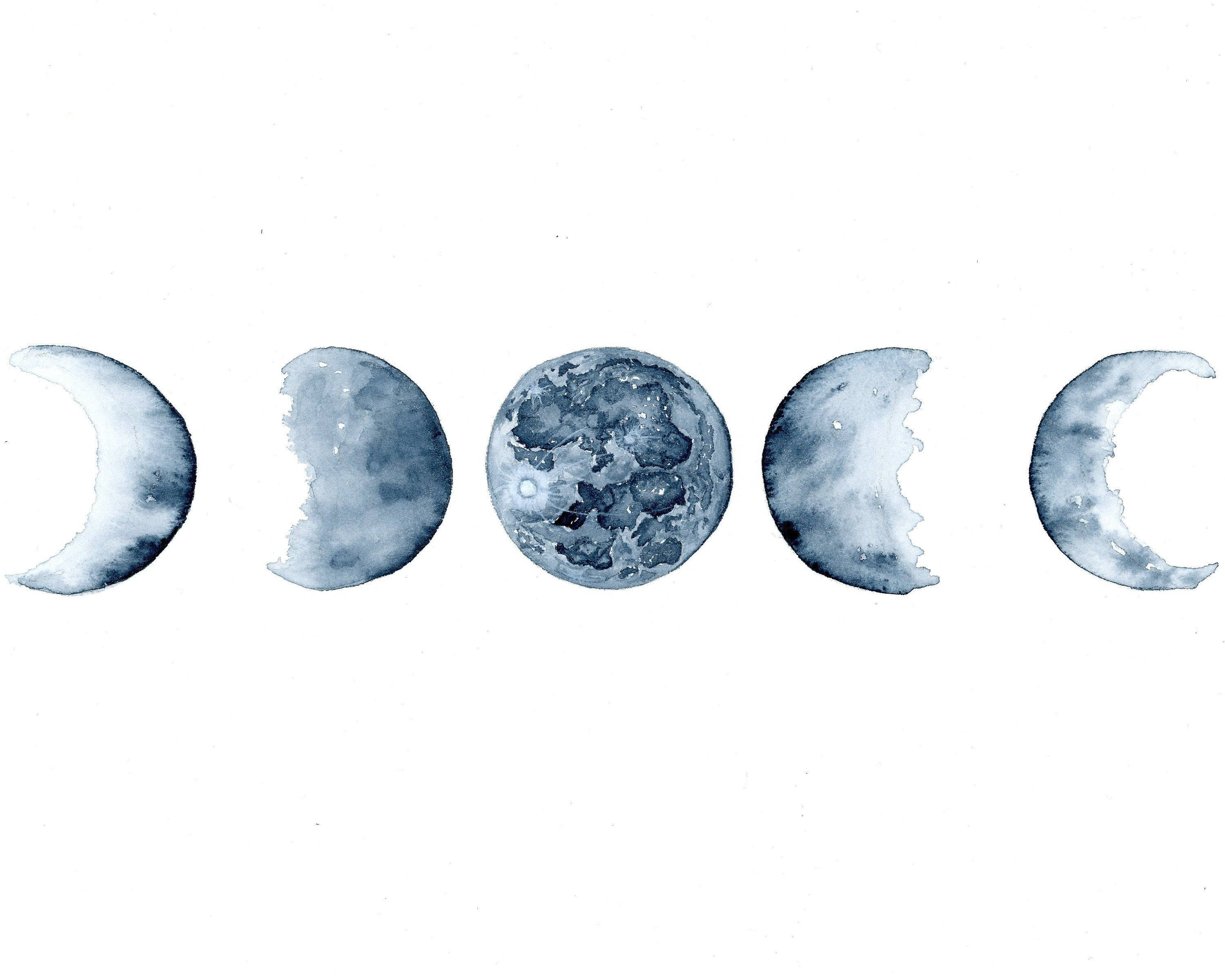 Moon Phases, white background, blue and gray tones, 2K Desktop Wallpaper