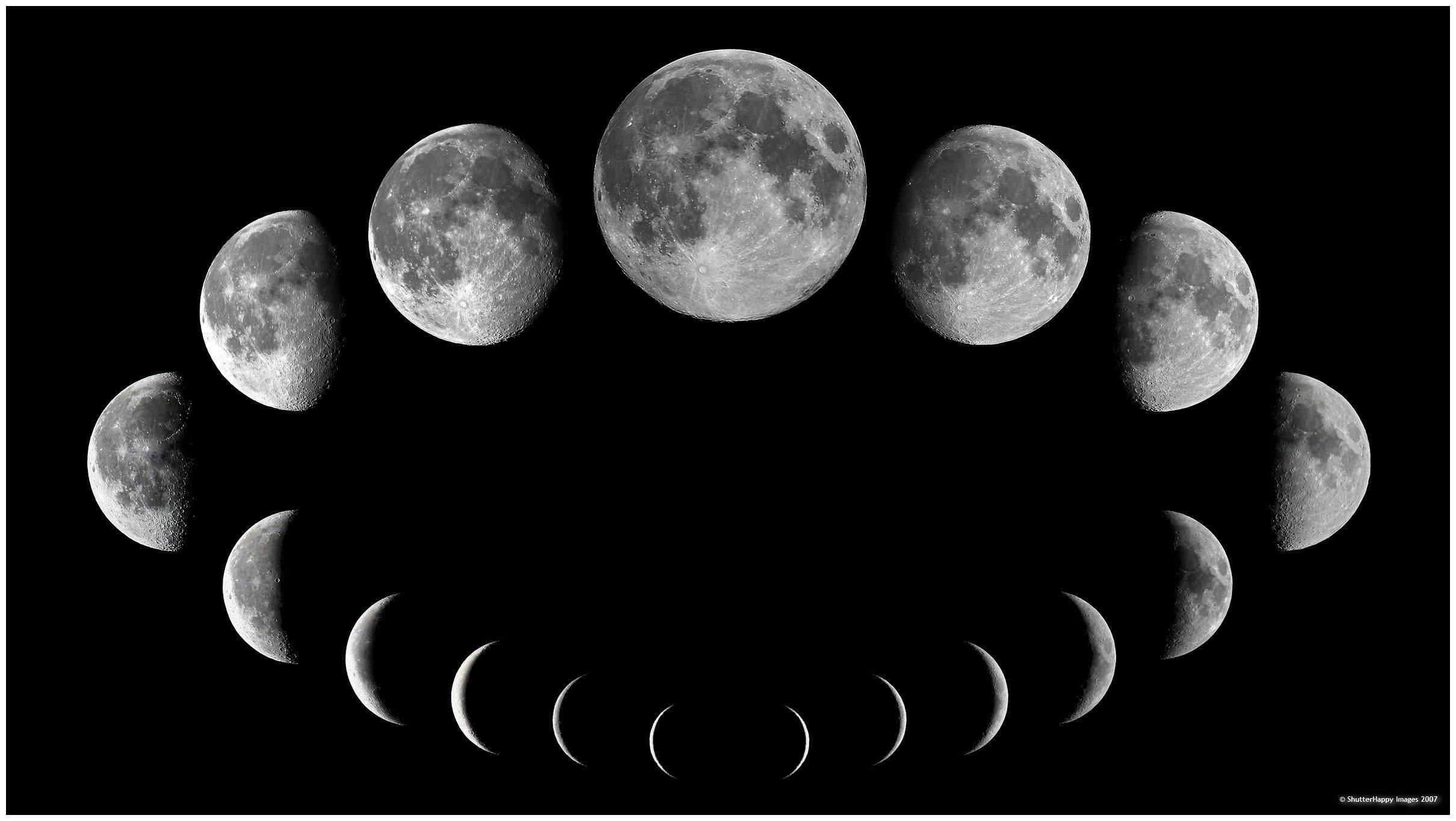 Moon Phases, black and white, composite, Full HD Desktop Wallpaper