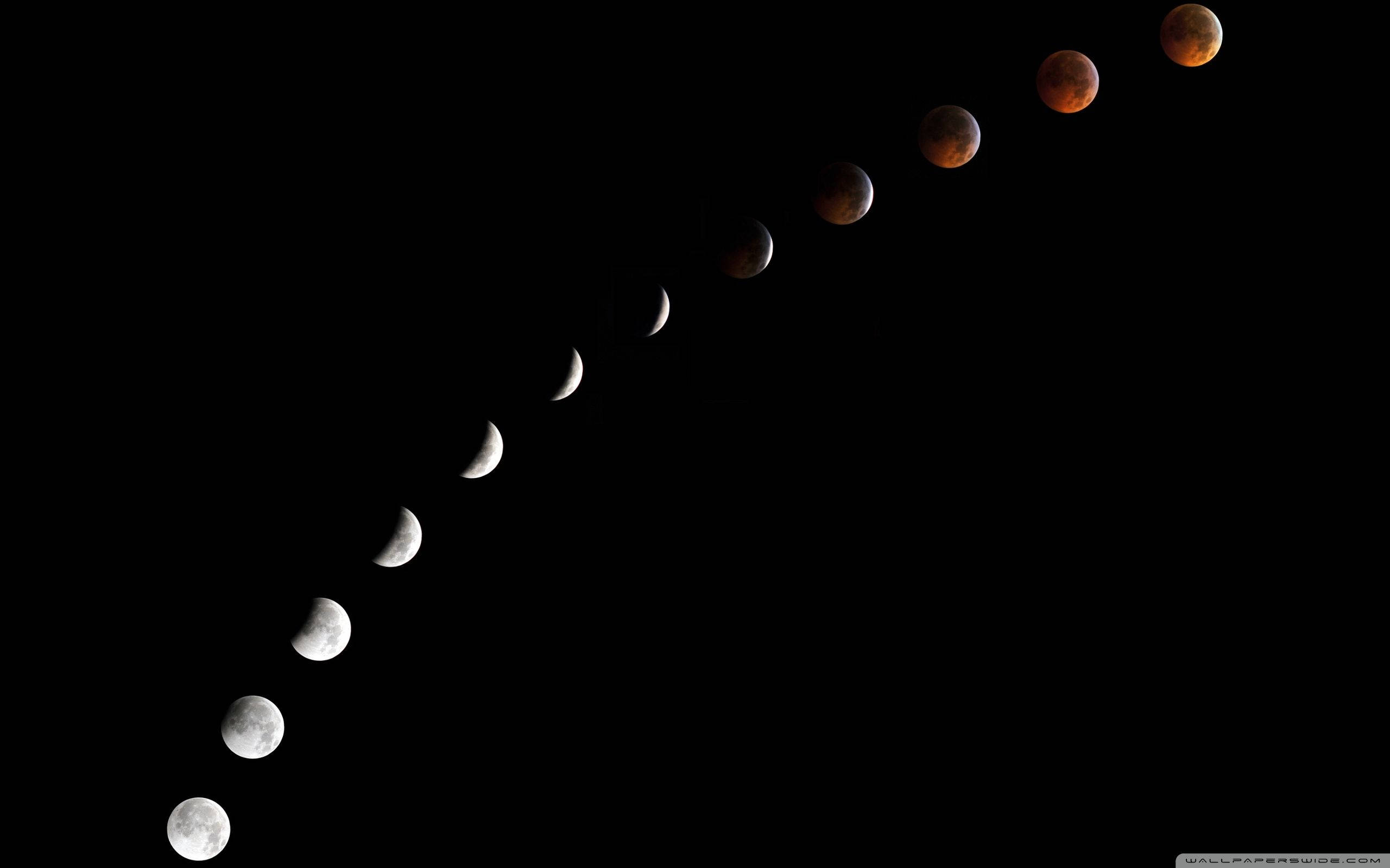 12 moon phases, full moon, total reddish eclipse, 2K Desktop Wallpaper