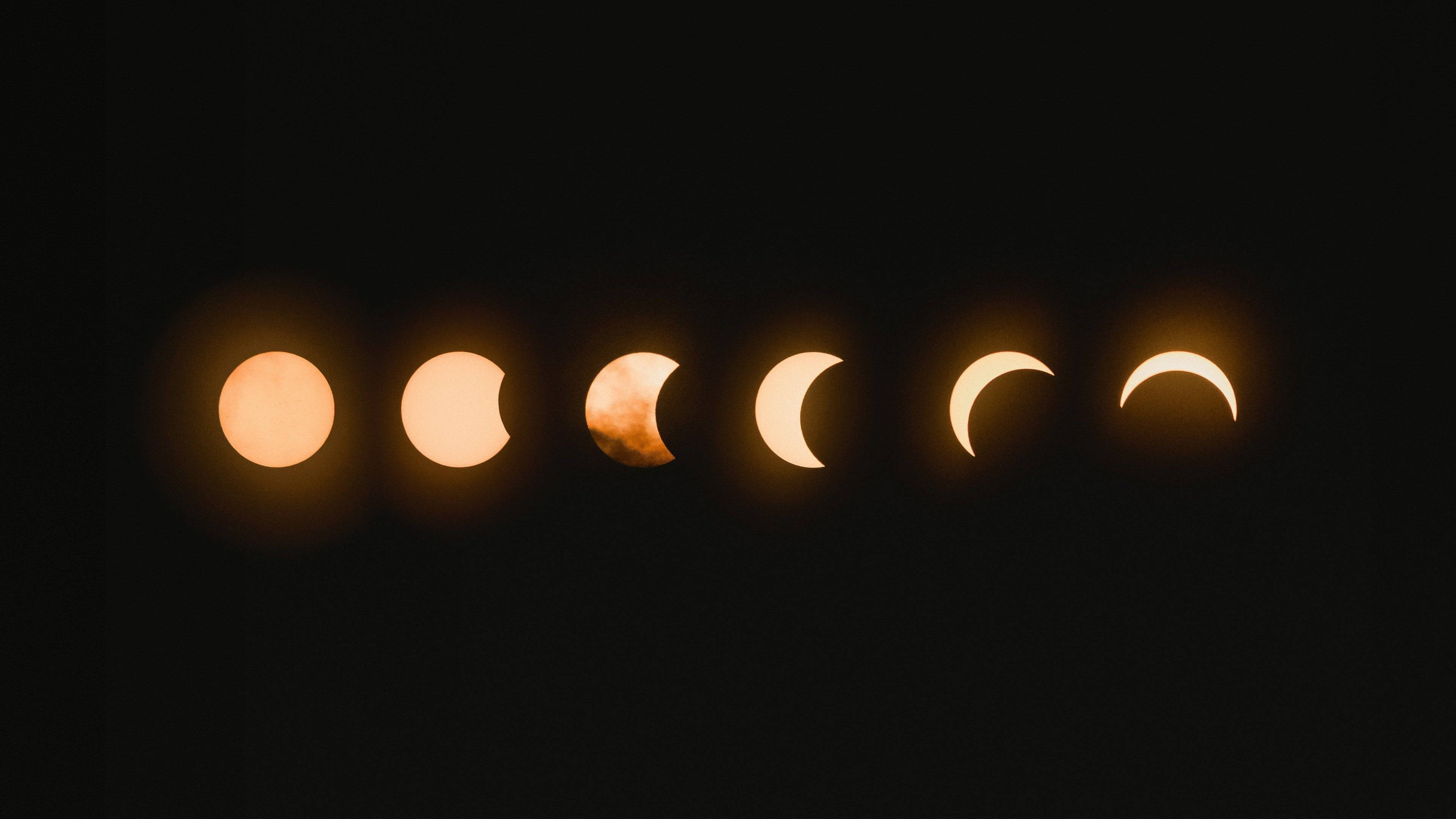 solar eclipse phases, amber, black sky, 4K Desktop Wallpaper
