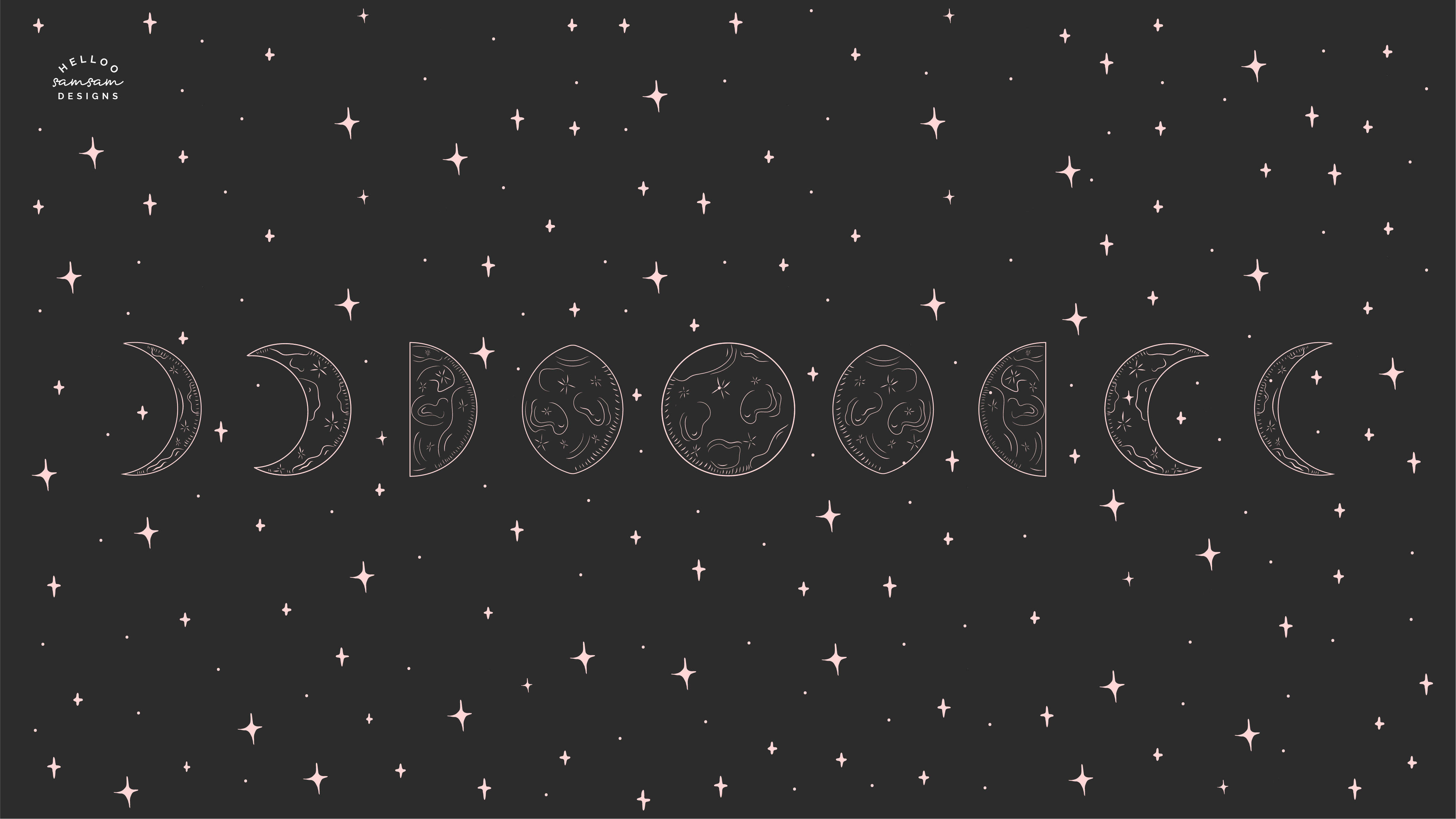 Moon Phases, line art, starry sky, 4K Desktop Wallpaper