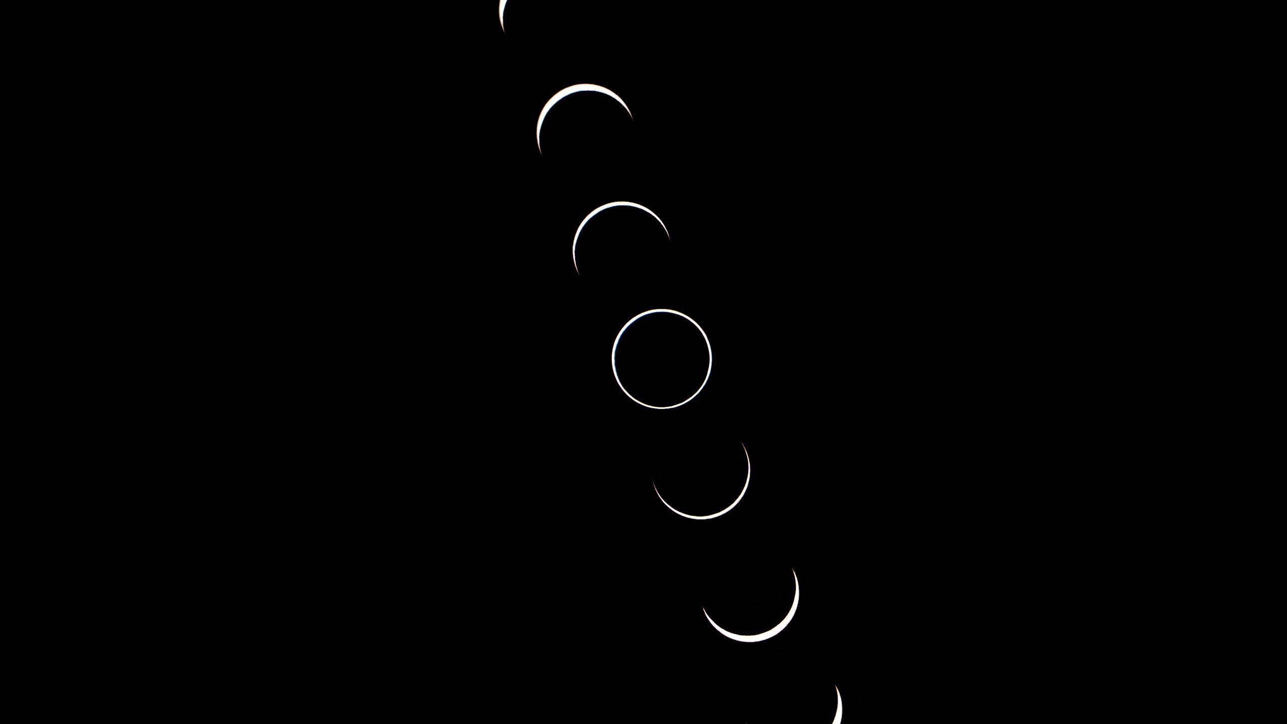 minimalist moon phases graphic, white circular shapes, crescent to full circle, 2K Desktop Wallpaper