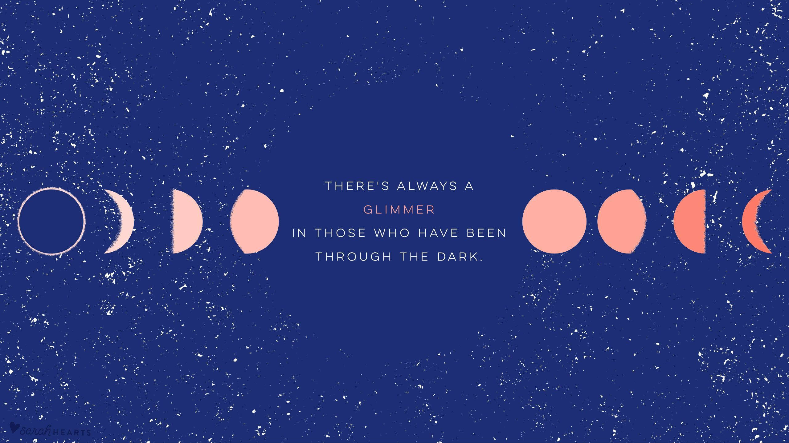 sparkly moon phases, pink moon phase cycle, serene blue textured background, 2K Desktop Wallpaper