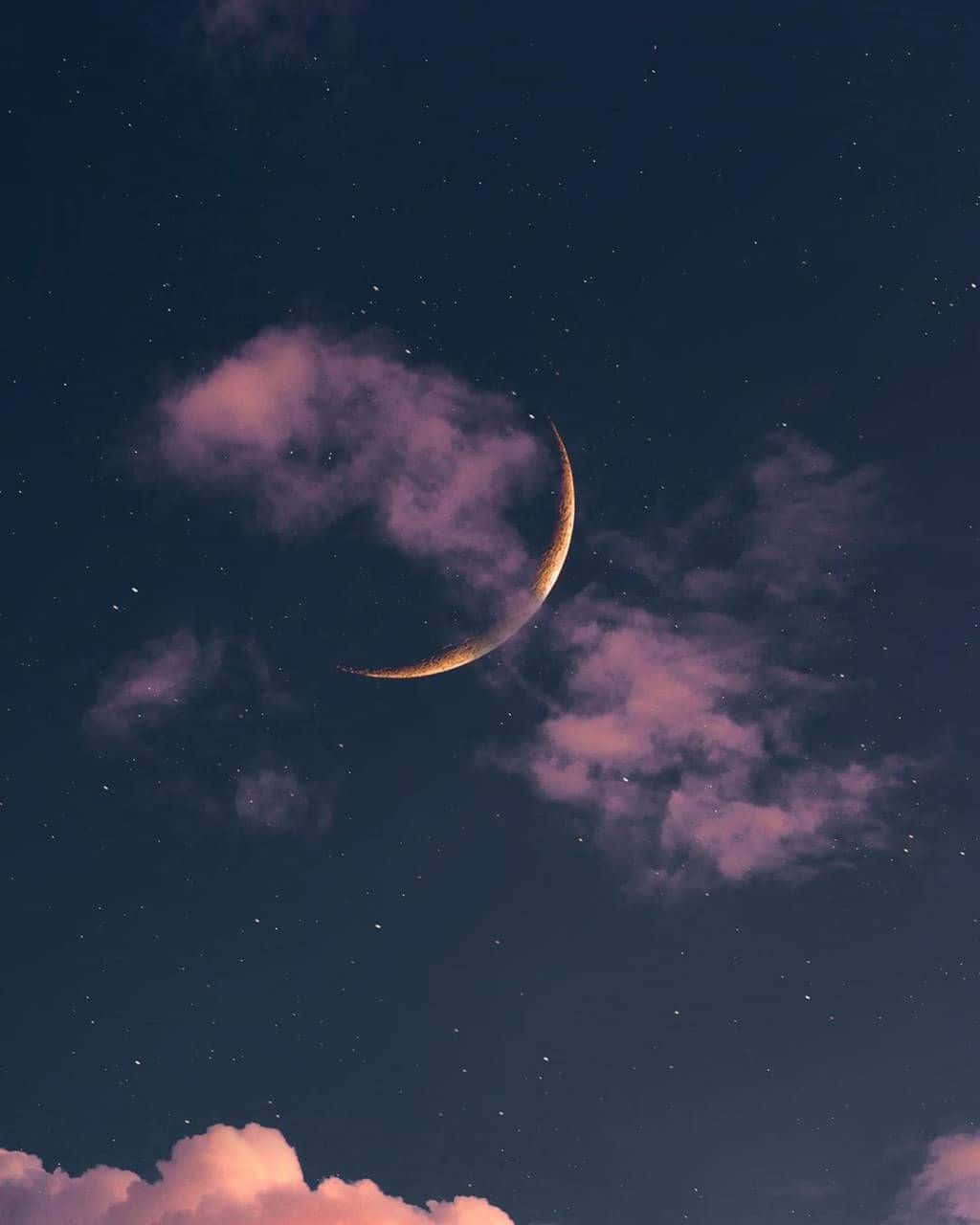 crescent moon, soft pink clouds, starry midnight sky, HD Phone Wallpaper