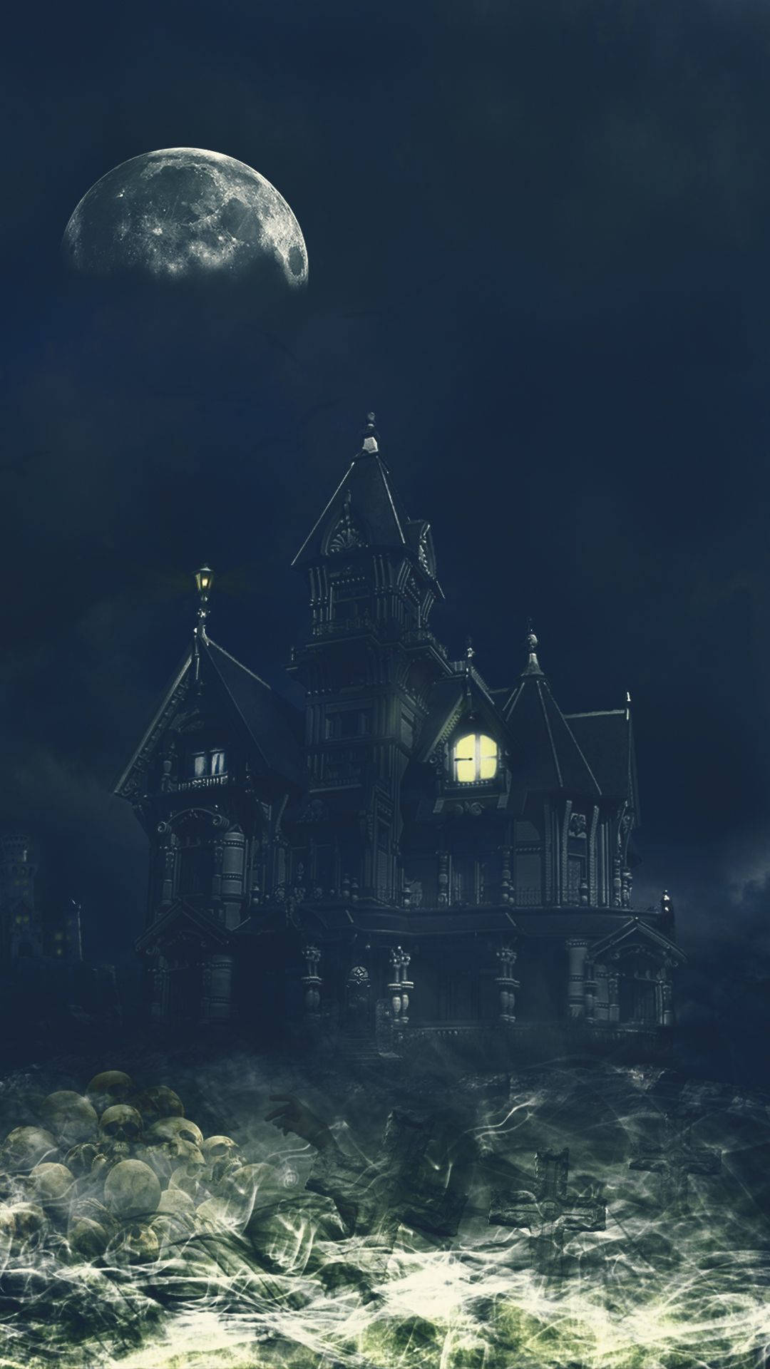 Moon Phone, gothic mansion, full moon, Full HD Phone Wallpaper