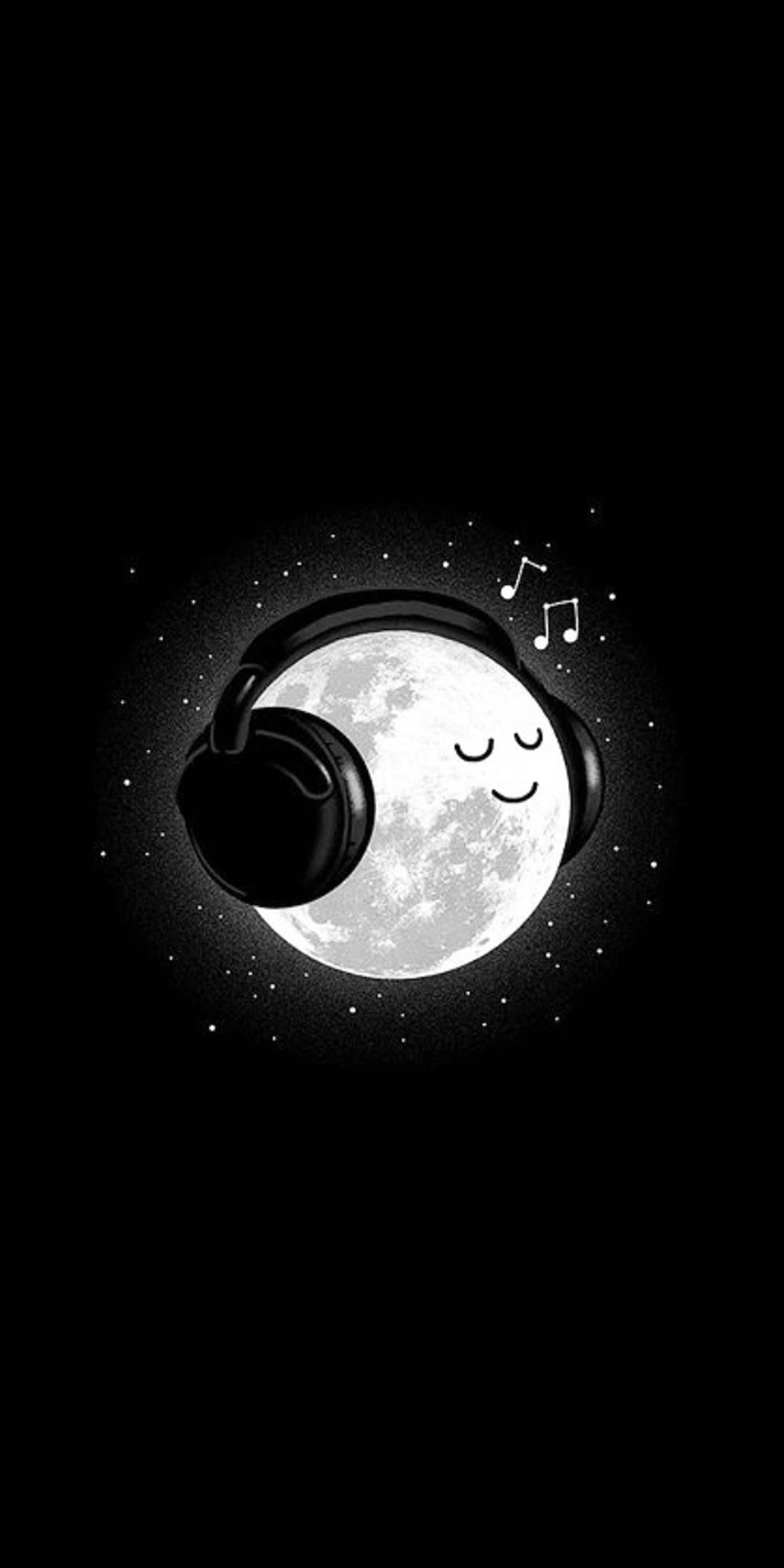 Moon Phone, cute headphones, musical notes, 2K Phone Wallpaper