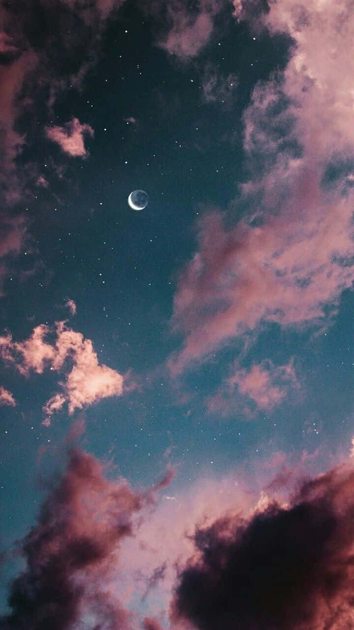 crescent moon, starry twilight skies, soft pink and teal clouds, HD Phone Wallpaper